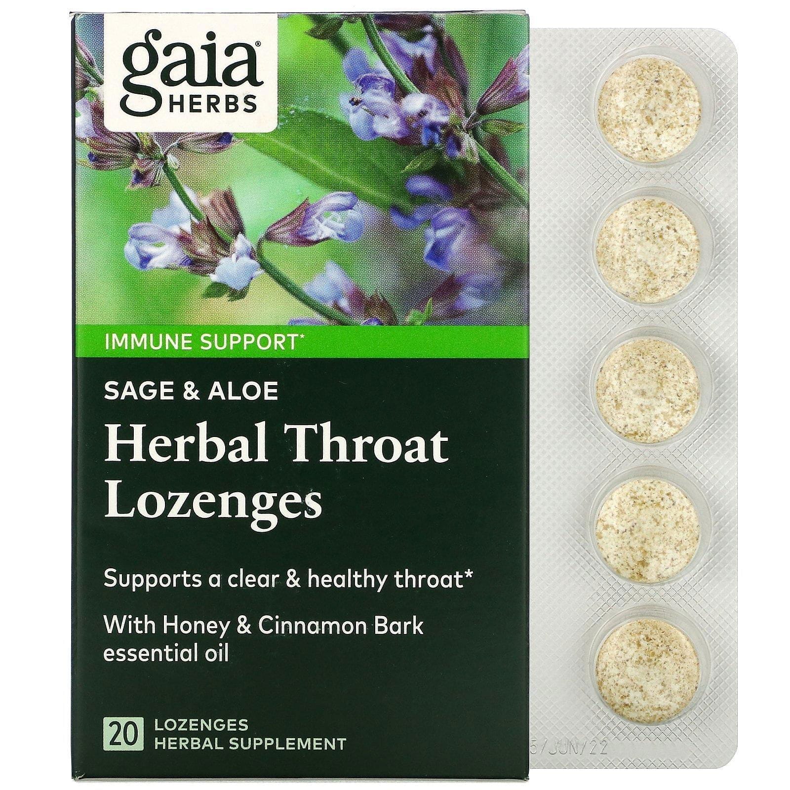 Gaia Herbs, Herbal Throat Lozenges, Sage & Aloe, 20 Lozenges