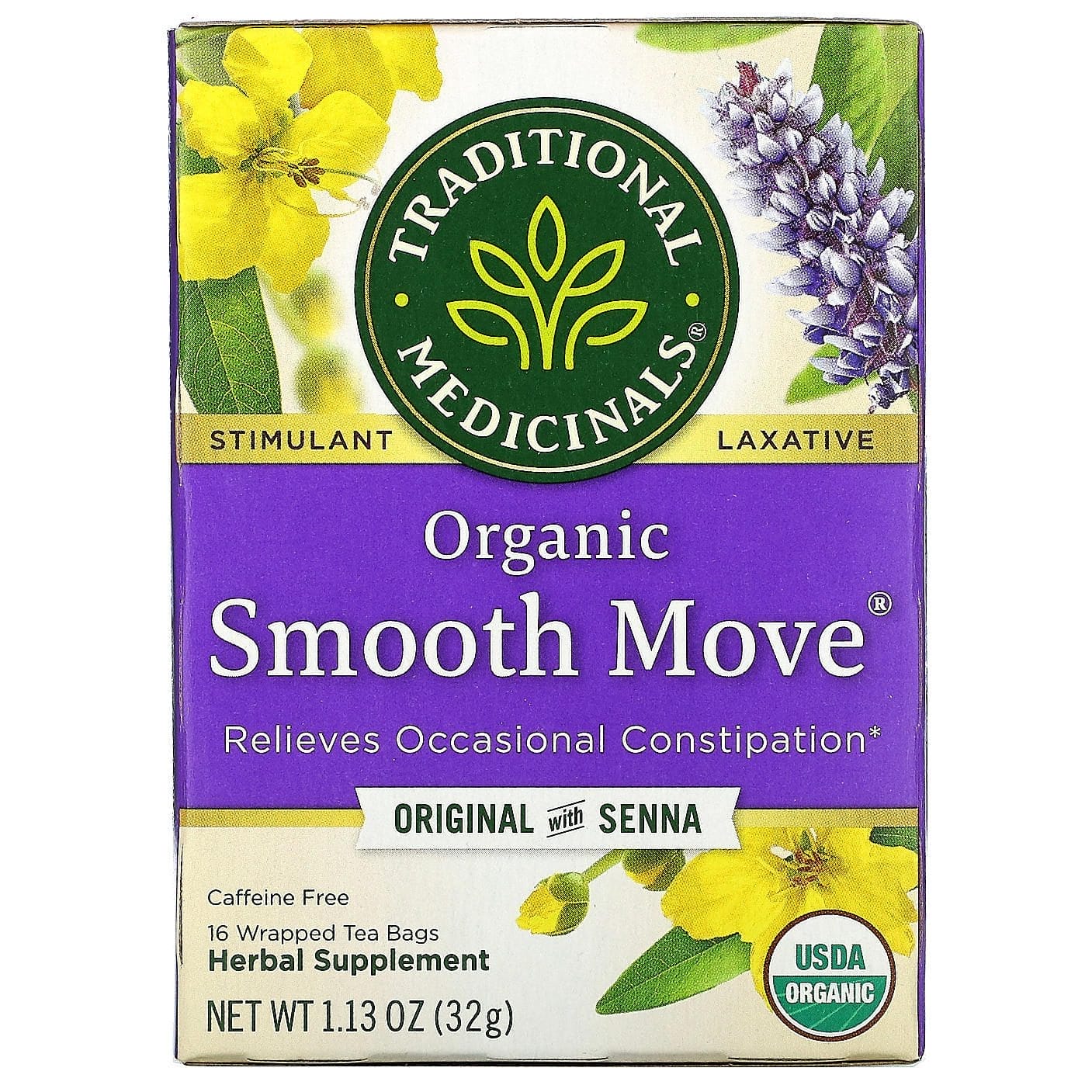 Traditional Medicinals, Smooth Move, Té orgánico, Producto original con Senna, Sin cafeína, 16 bolsitas de té envueltas, 32 g (1,13 oz)