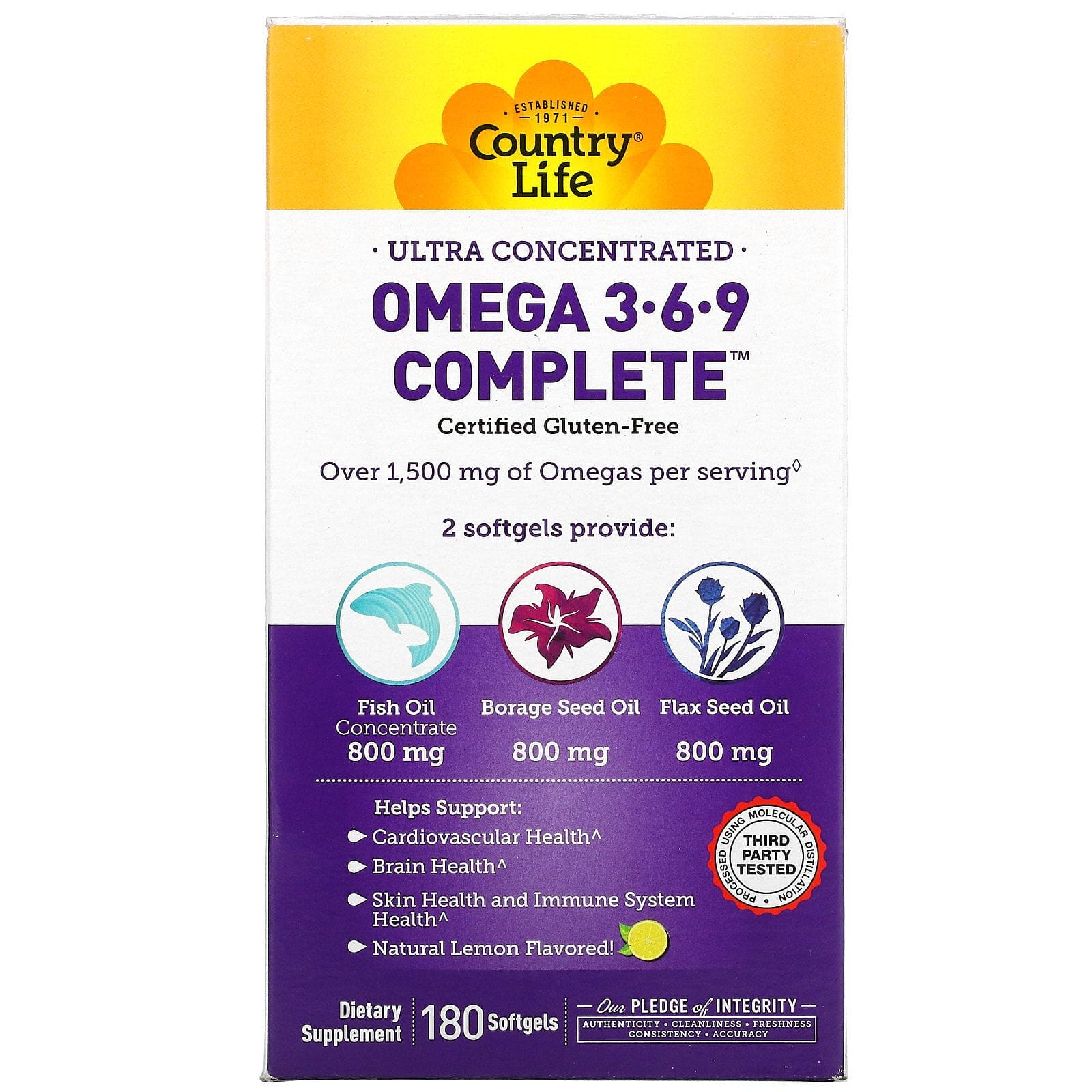 Country Life, Omega 3-6-9 Complete, Suplemento ultraconcentrado, Limón natural, 180 cápsulas blandas