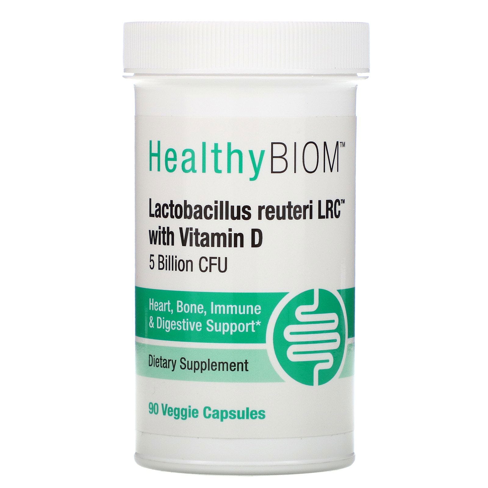 HealthyBiom, Lactobacillus reuteri LRC con vitamina D, 5000 millones de UFC, 90 cápsulas vegetales