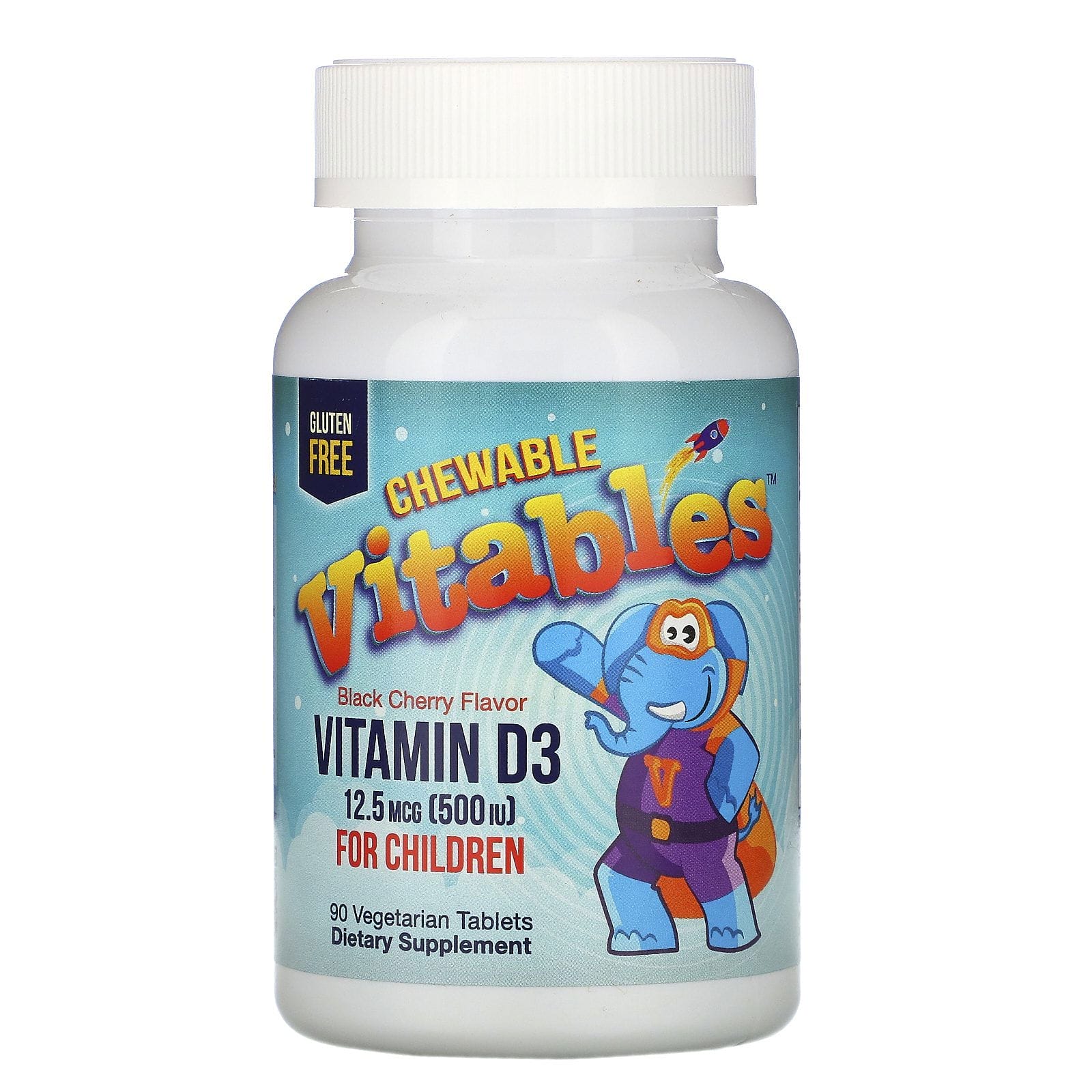 Vitables, Vitamina D3 masticable para niños, Sabor a cereza negra, 12,5 mcg (500 UI), 90 comprimidos vegetales