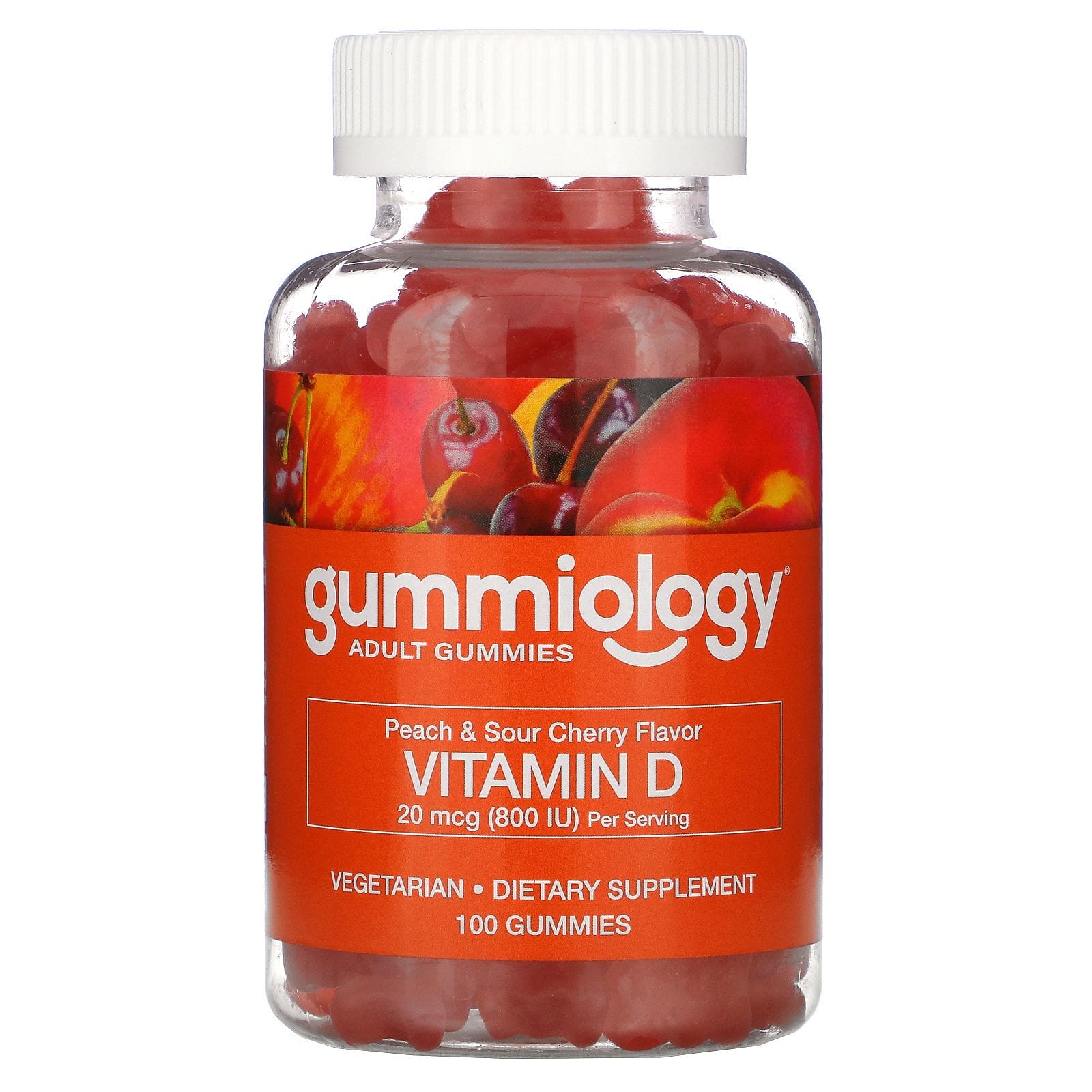 Gummiology, Gomitas con vitamina D3 para adultos, Sin gelatina, Sabor a melocotón y cereza ácida, 100 gomitas vegetales
