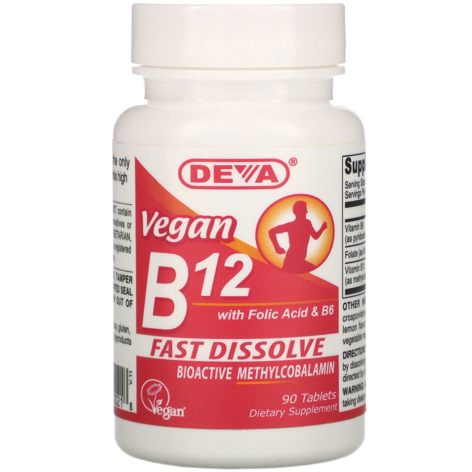 Deva, Vitamina B12 vegana con ácido fólico y vitamina B6, 90 comprimidos