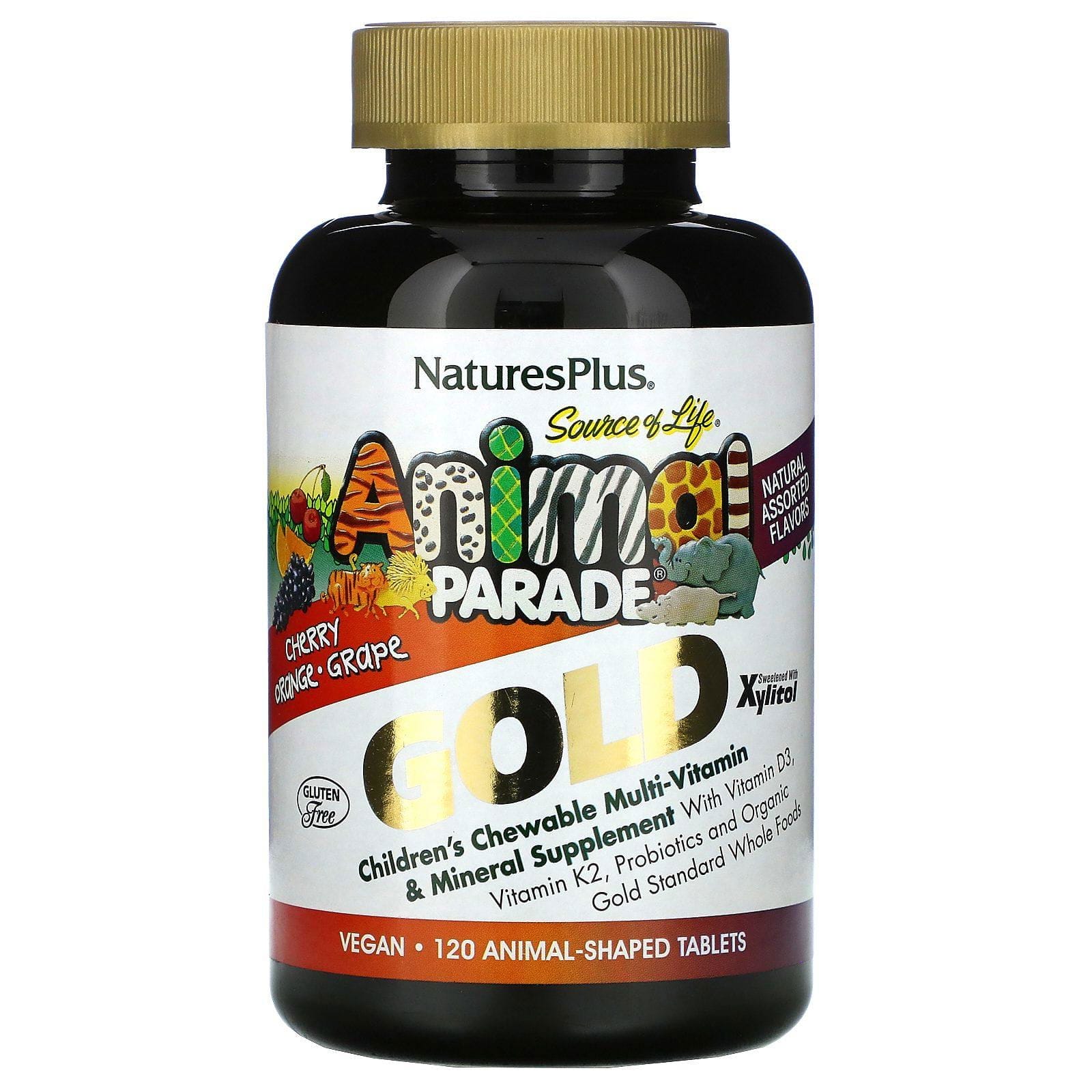 Nature's Plus, Source of Life, Animal Parade Gold, Suplemento multivitamínico y mineral masticable para niños, Sabores naturales surtidos, 120 comprimidos con forma de animales