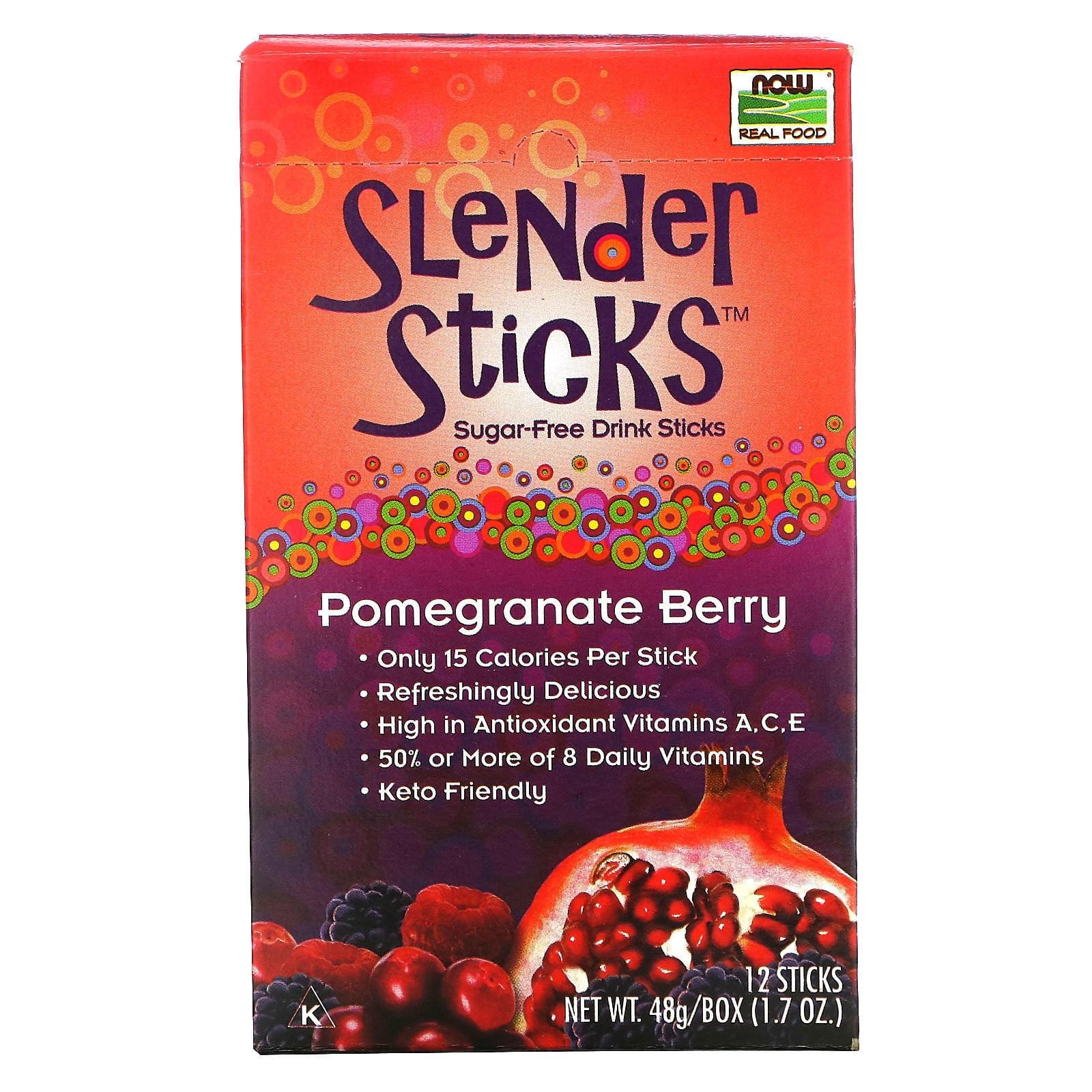 Now Foods, Real Food, Slender Sticks, Baya de granada, 12 barras, 4 g (0,14 oz) cada una