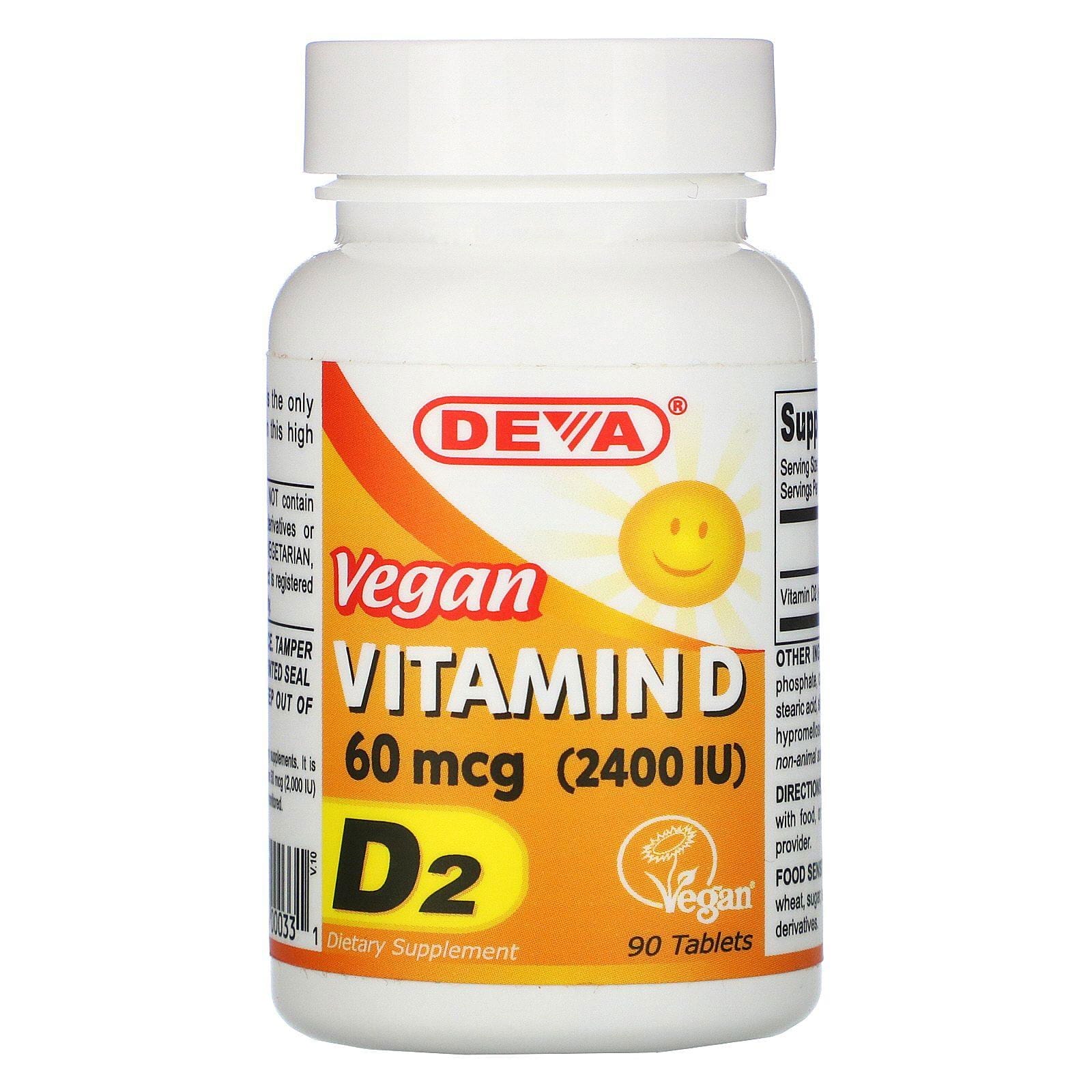 Deva, Vitamina D vegana, D2, 60 mcg (2400 UI), 90 comprimidos