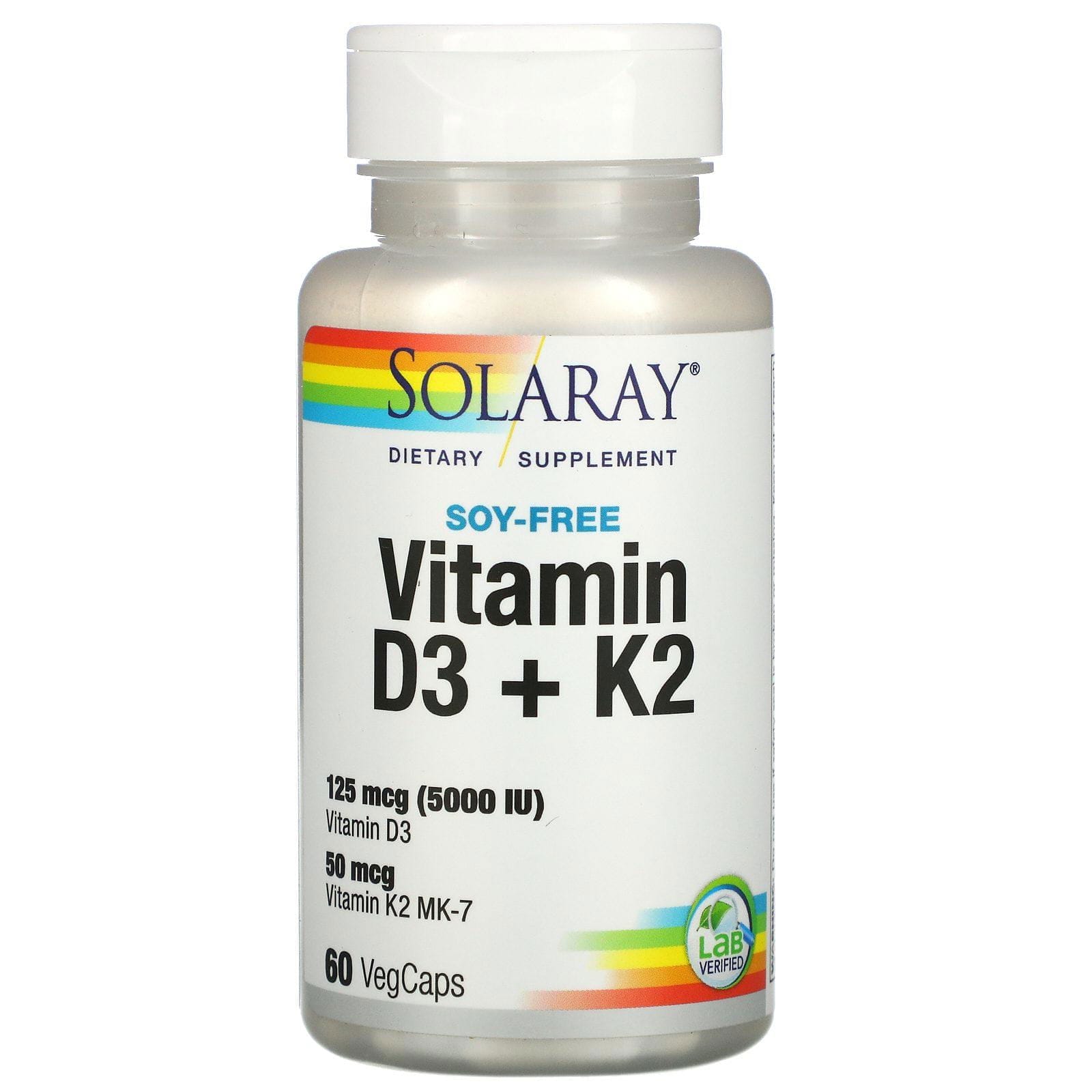 Solaray, Vitaminas D3 y K2, Sin soya, 60 cápsulas vegetales