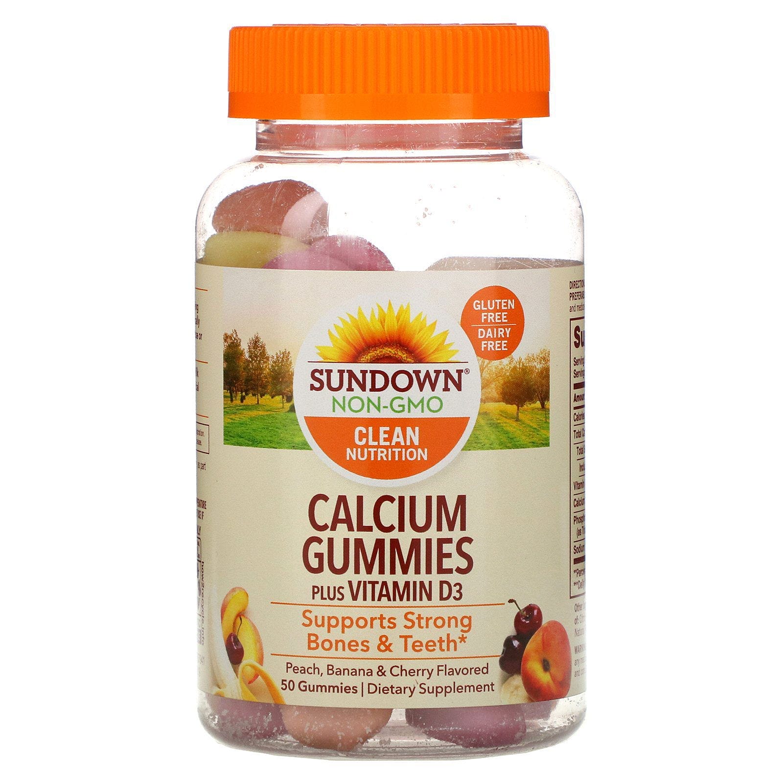 Sundown Naturals, Gomitas de calcio, más vitamina D3, con sabor a melocotón, plátano y cereza, 50 gomitas