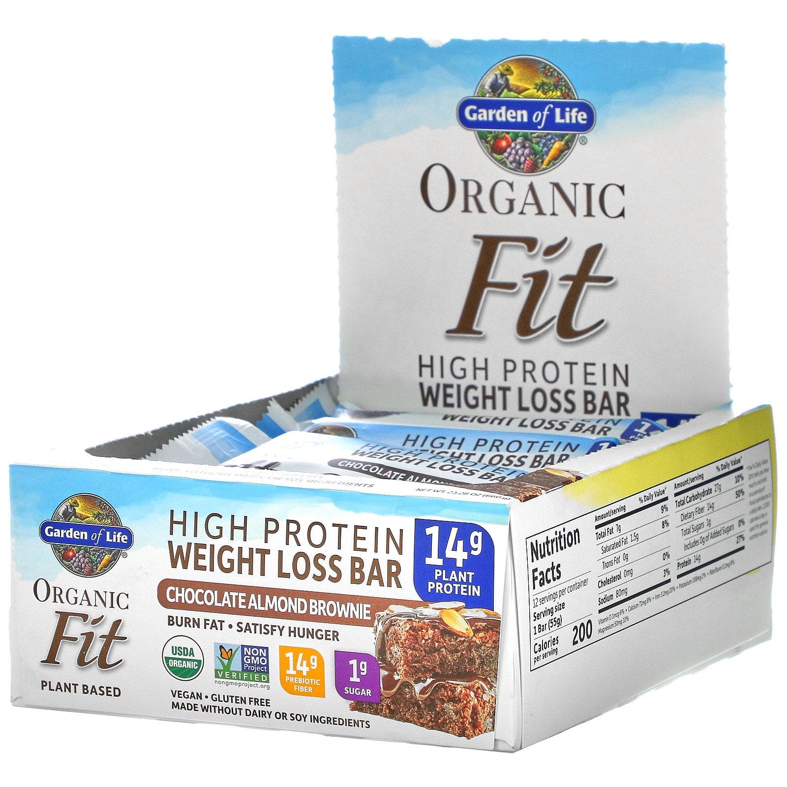 Garden of Life, Productos orgánicos y saludables, Barritas con alto contenido de proteína para la pérdida de peso, Brownie de chocolate y almendra, 12 barritas, 55 g (1,9 oz) cada una