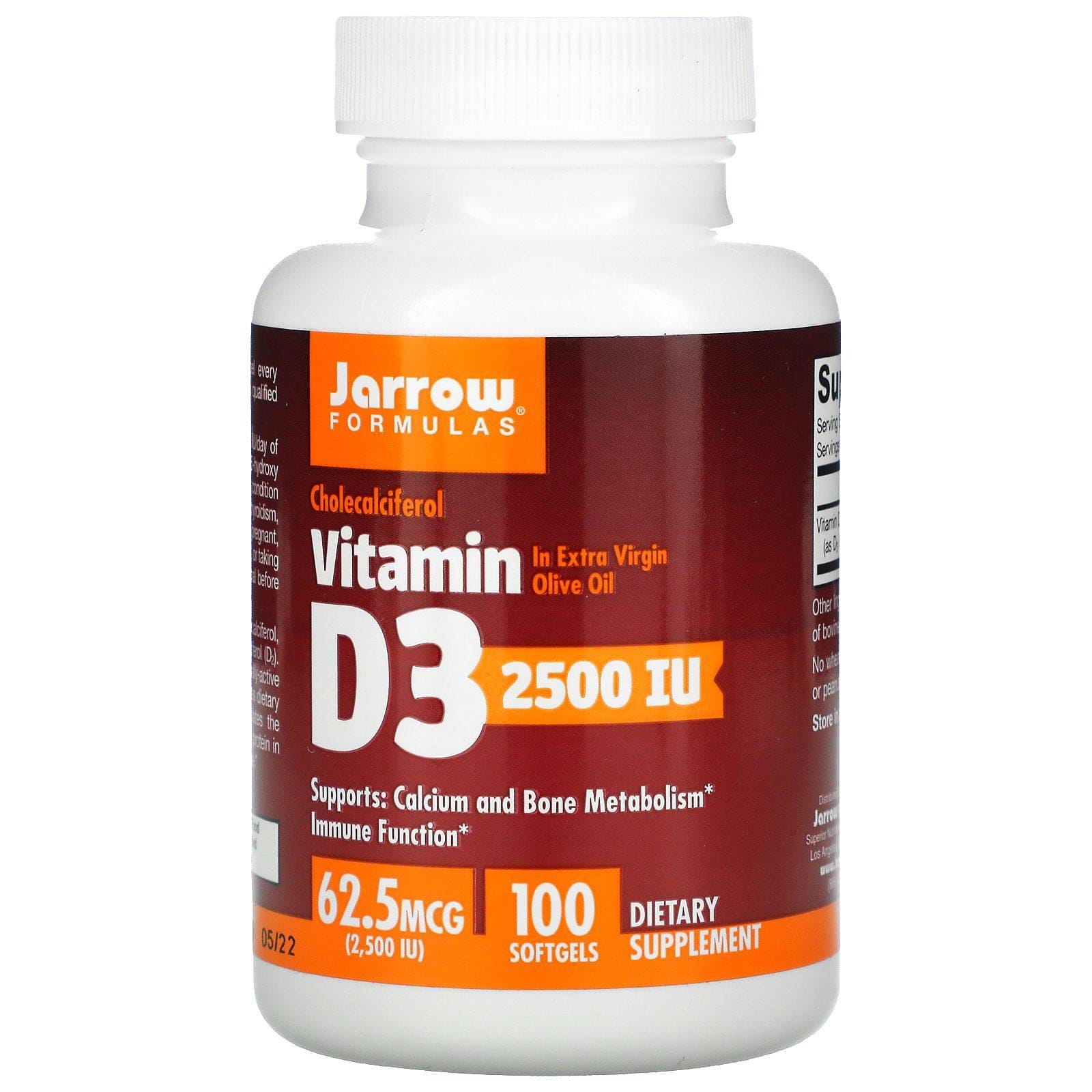 Jarrow Formulas, Vitamina D3, colecalciferol, 2500 IU, 100 cápsulas de gel blando