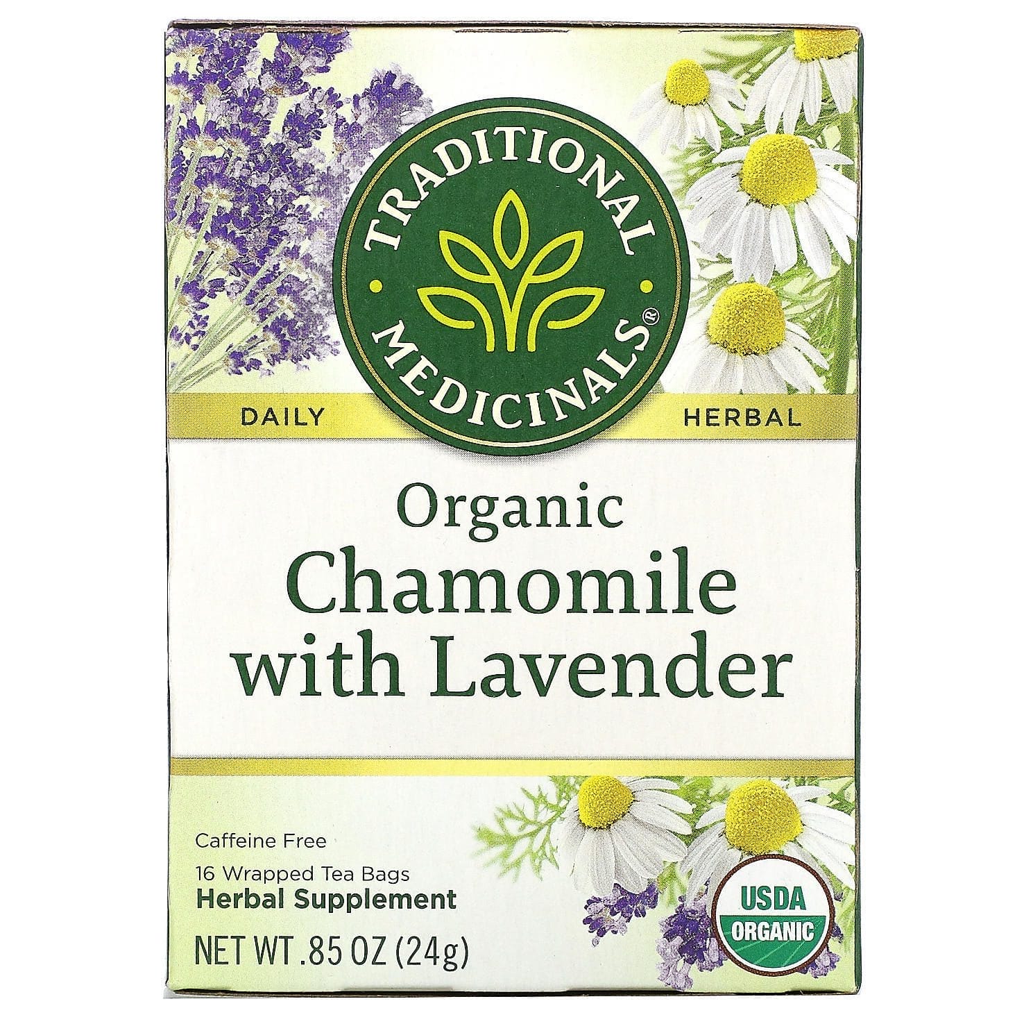 Traditional Medicinals, Manzanilla orgánica con lavanda, Sin cafeína, 16 bolsitas de té envueltas, 24 g (0,85 oz)