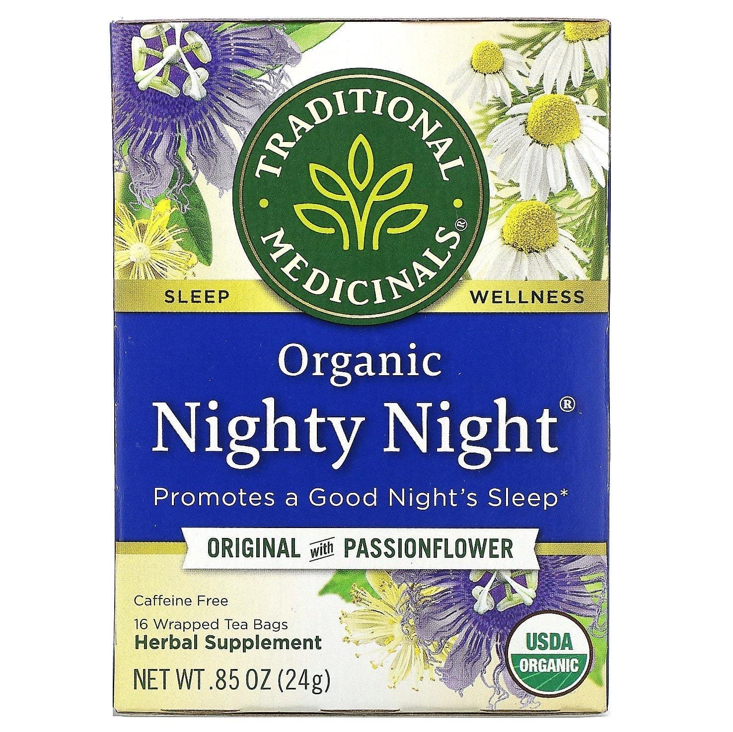 Traditional Medicinals, Nighty Night, Té orgánico, Producto original con flor de la pasión, Sin cafeína, 16 bolsitas de té envueltas, 24 g (0,85 oz)