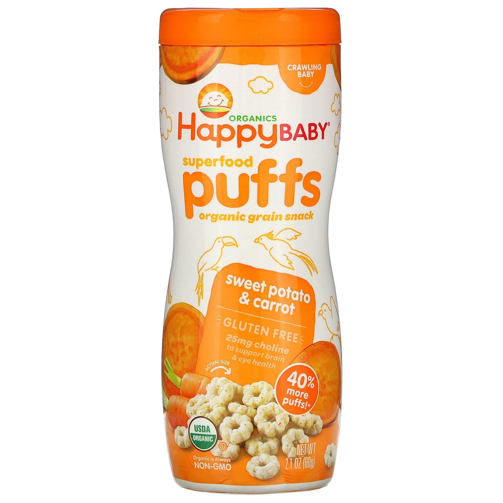 Happy Family Organics, Superfood Puffs, Organic Grain Snack, Sweet Potato & Carrot, 2.1 oz (60 g)