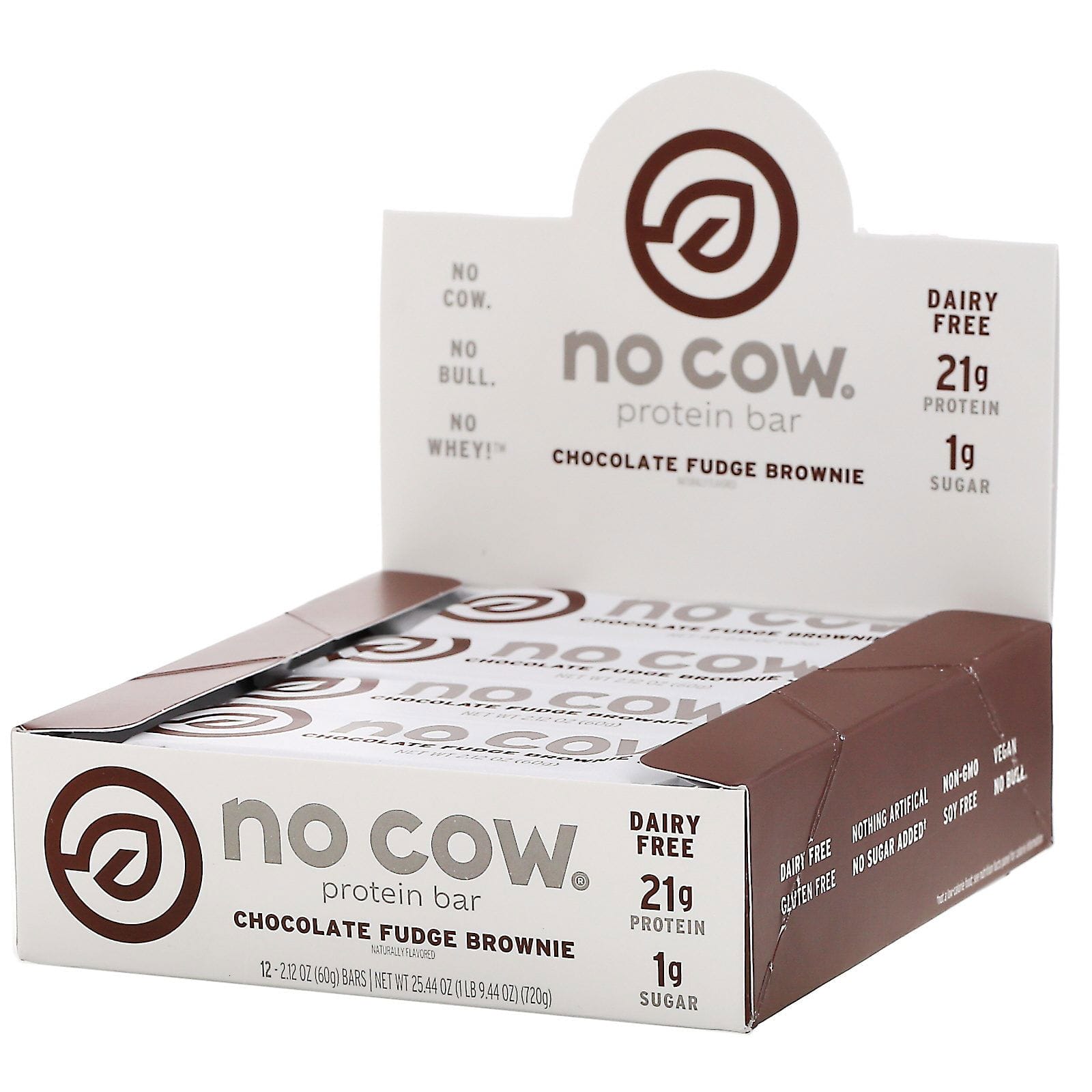 No Cow, Barrita proteica, Brownie de chocolate y caramelo, 12 barritas, 60 g (2,12 oz) cada una