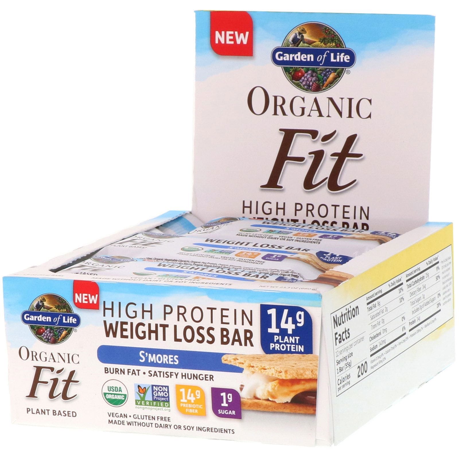 Garden of Life, Organic Fit, barra rica en proteína para bajar de peso, S'mores, 12 barras, 1,9 oz (55 g) cada una