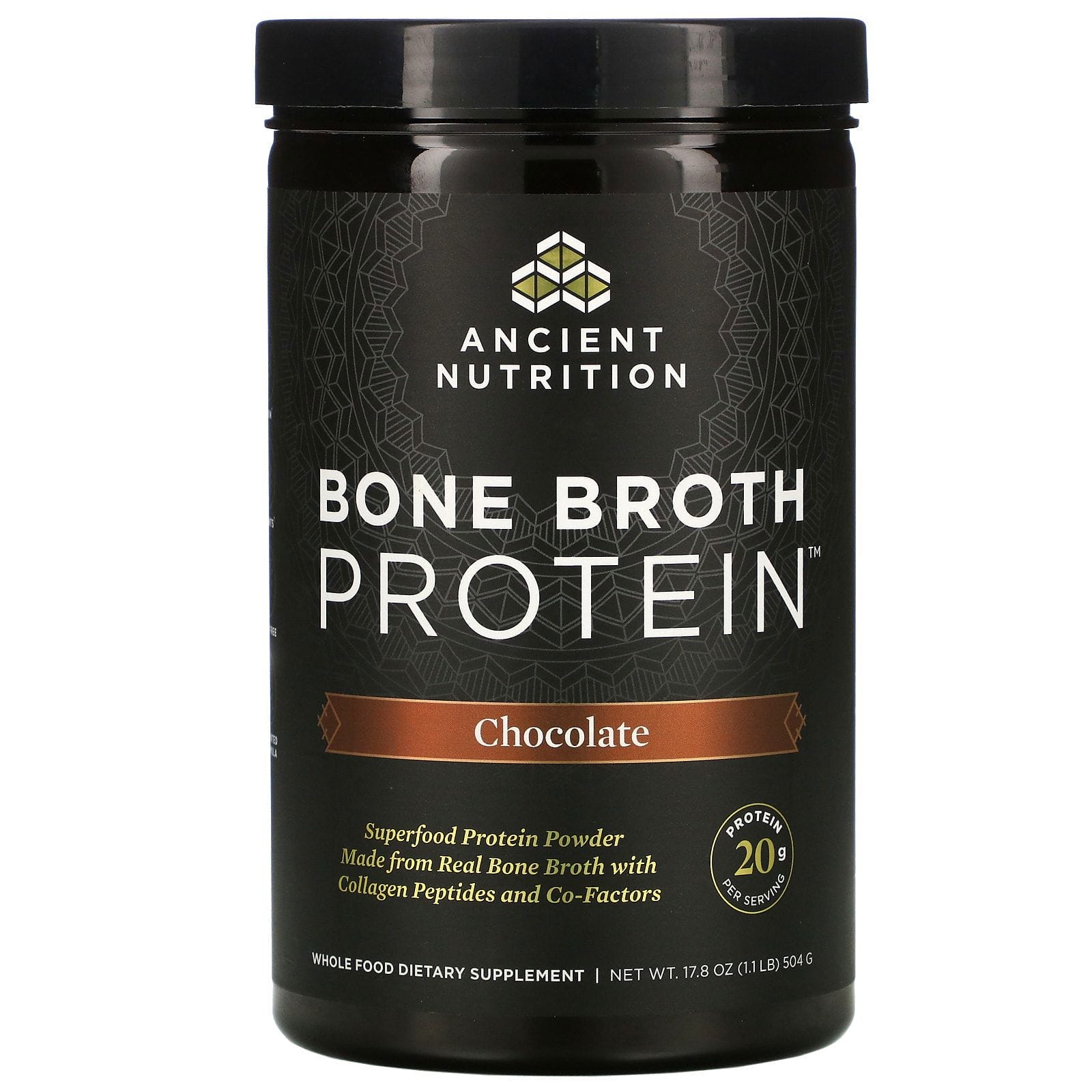 Dr. Axe / Ancient Nutrition, Bone Broth Protein, Proteína de caldo de huesos, Chocolate, 504 g (17,8 oz)