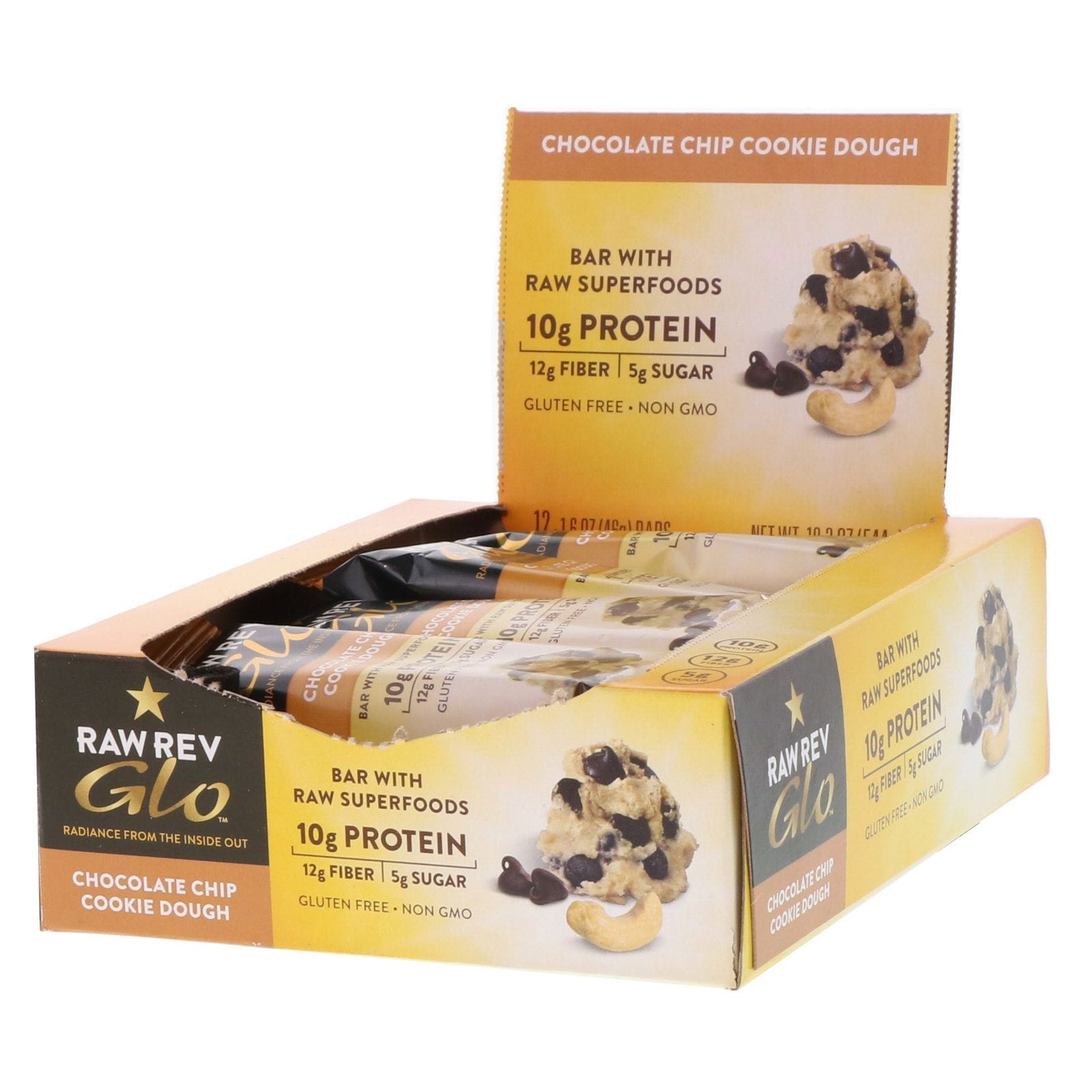 Raw Rev, Glo, masa de galleta de chips de chocolate, 12 barras, 1.6 oz (46 g) c/u
