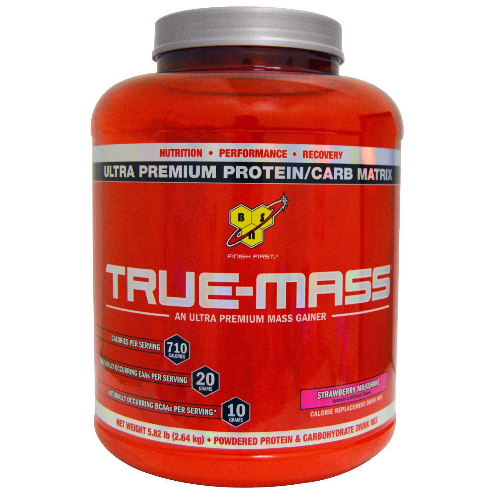 BSN, Mezcla de bebida proteína en polvo y carbohidratos, Termina Primero, Masa verdadera, batido de frutilla, 5,82 libras (2,64 kg)