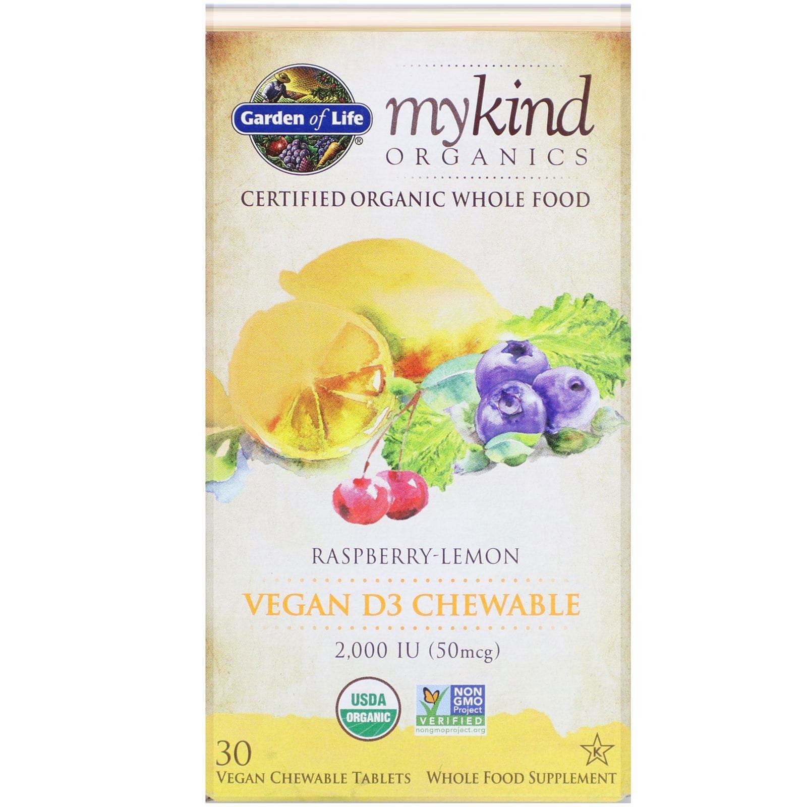 Garden of Life, MyKind Organics, Vegan D3, Raspberry-Lemon, 50 mcg (2,000 IU), 30 Vegan Chewable Tablets