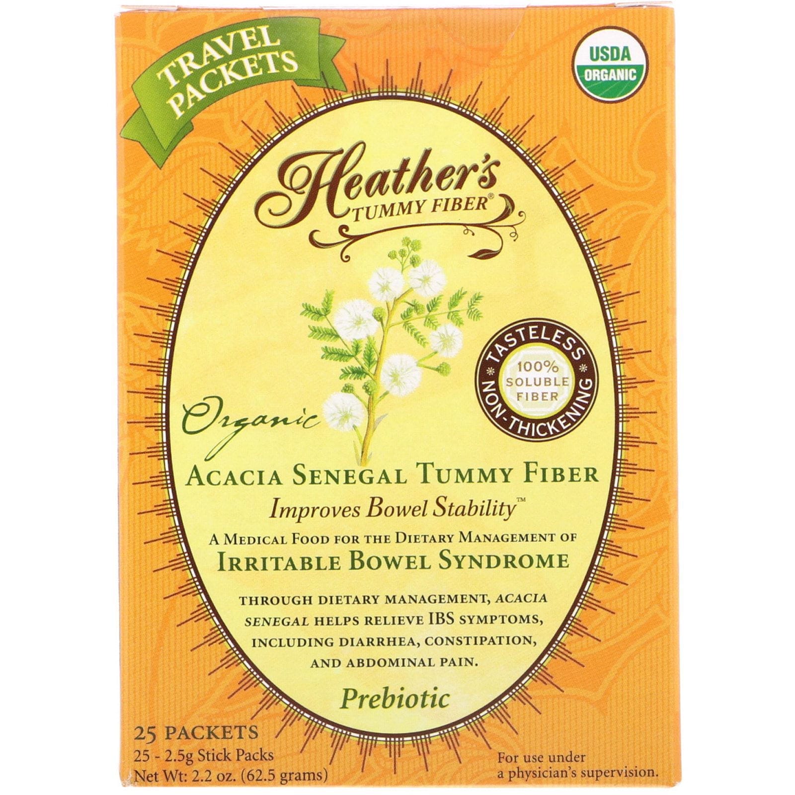 Heather's Tummy Care, Fibra orgánica para barriga de acacia de Senegal, 25 paquetes de viaje, 2,5 g cada uno