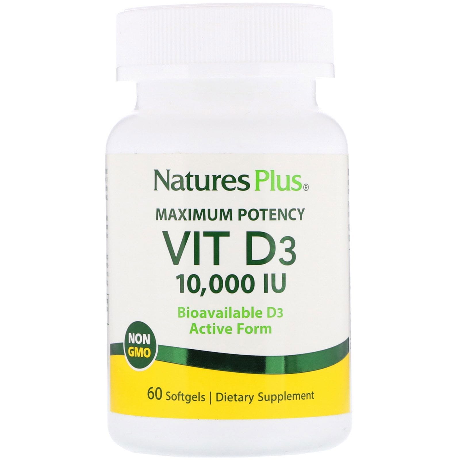 Nature's Plus, Máxima Potencia, Vit D3, 10 000 IU, 60 cápsulas blandas