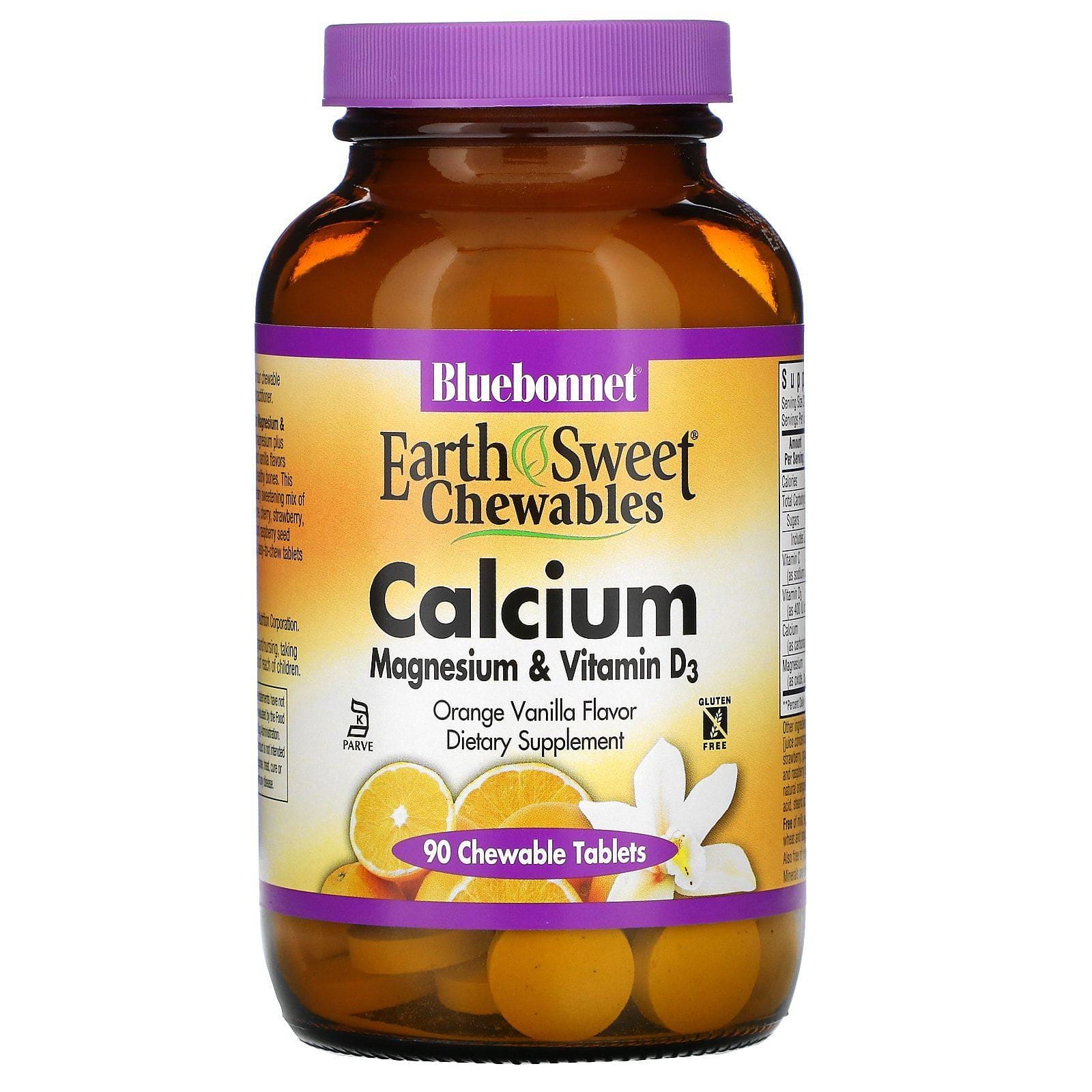 Bluebonnet Nutrition, Calcio, magnesio y vitamina D3, Naranja-Vainilla, 90 tabletas masticables