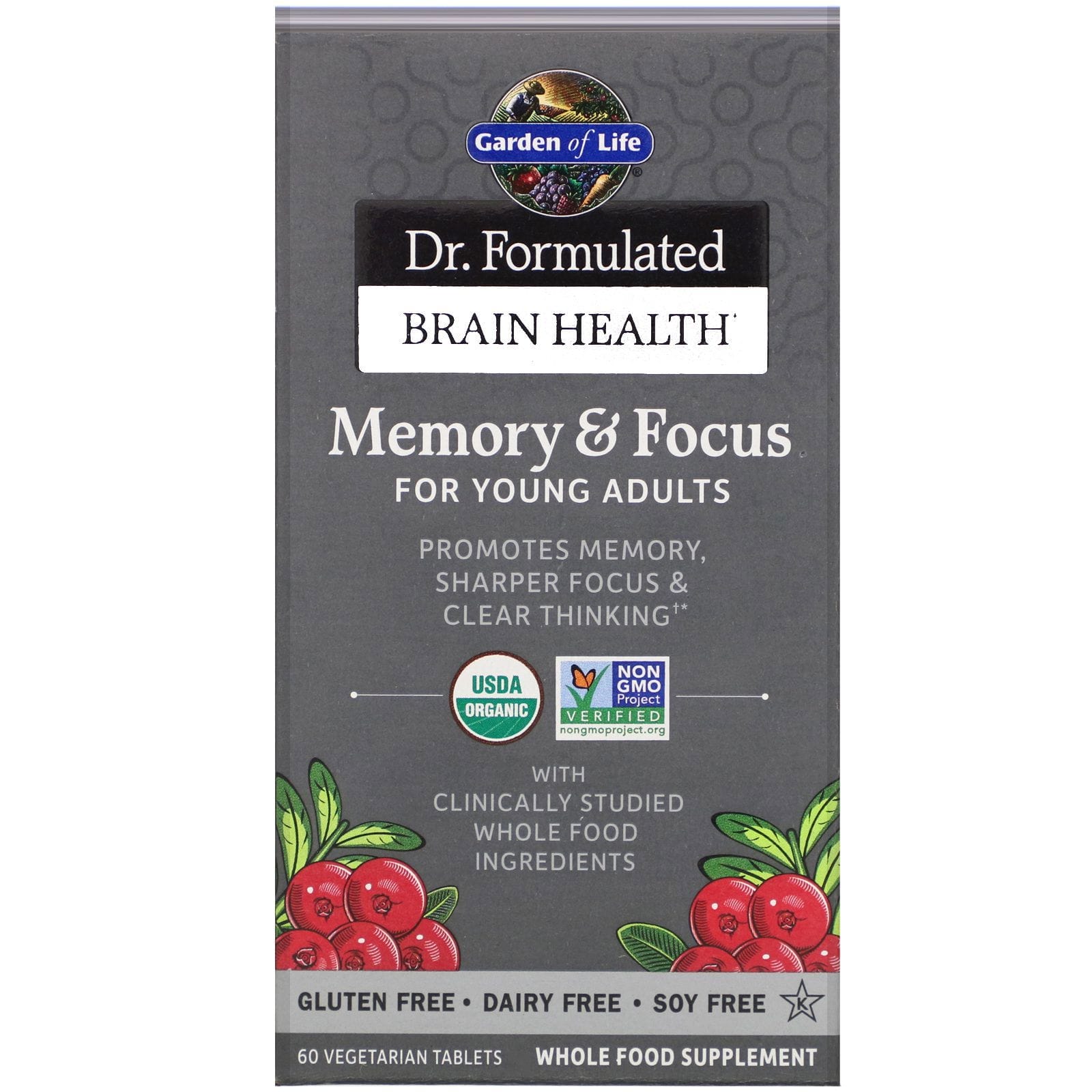 Garden of Life, Salud cerebral de Dr. Formulated, memoria y concentración para adultos jóvenes, 60 comprimidos vegetarianos