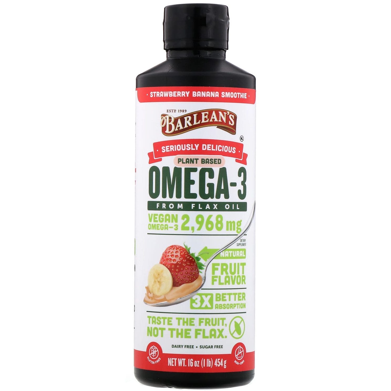 Barlean's, Realmente delicioso, Omega-3 de aceite de lino, Licuado de fresa y plátano, 454 g (16 oz)