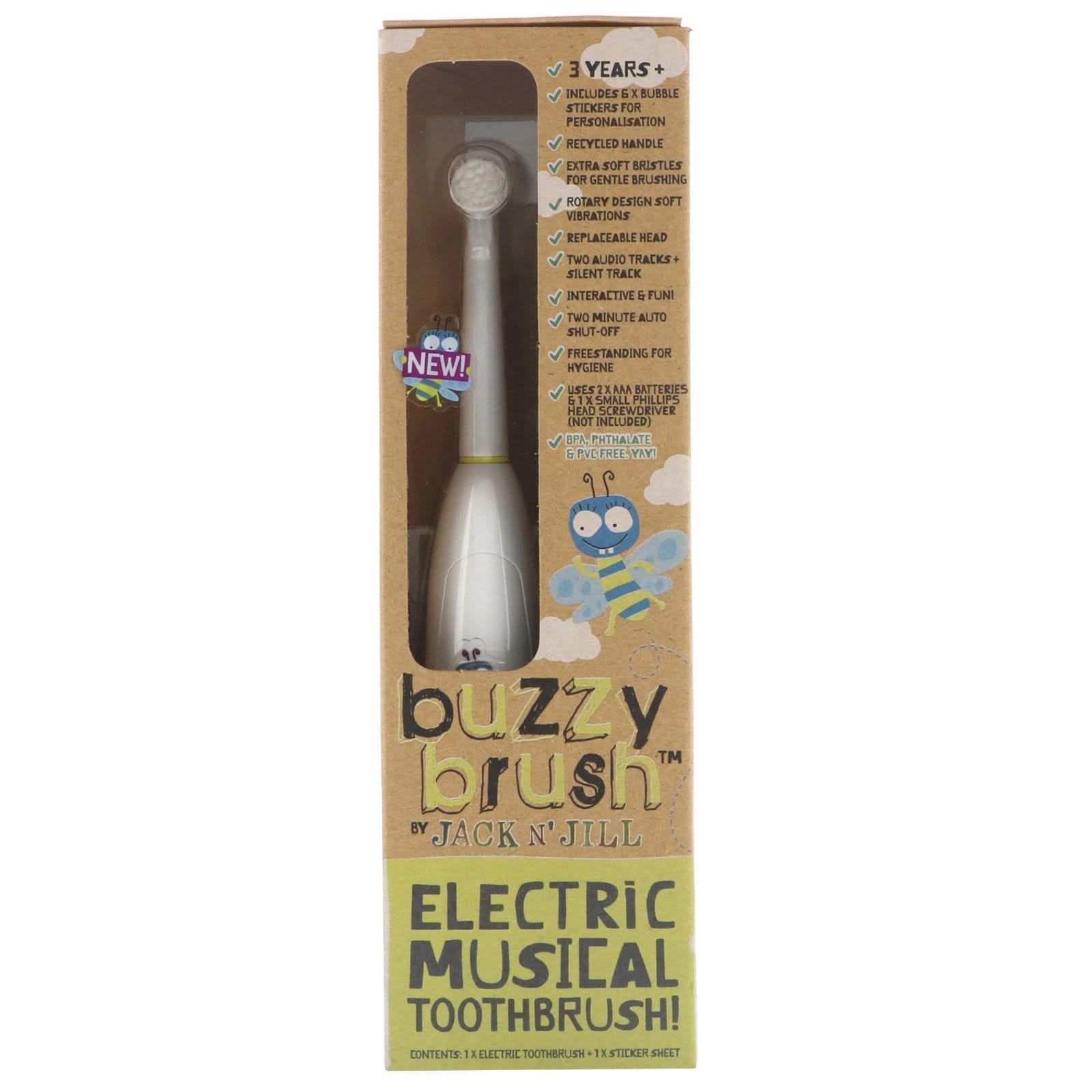 Jack n' Jill, Buzzy Brush, cepillo dental eléctrico con música, 1 cepillo dental eléctrico + 1 plancha de figuritas