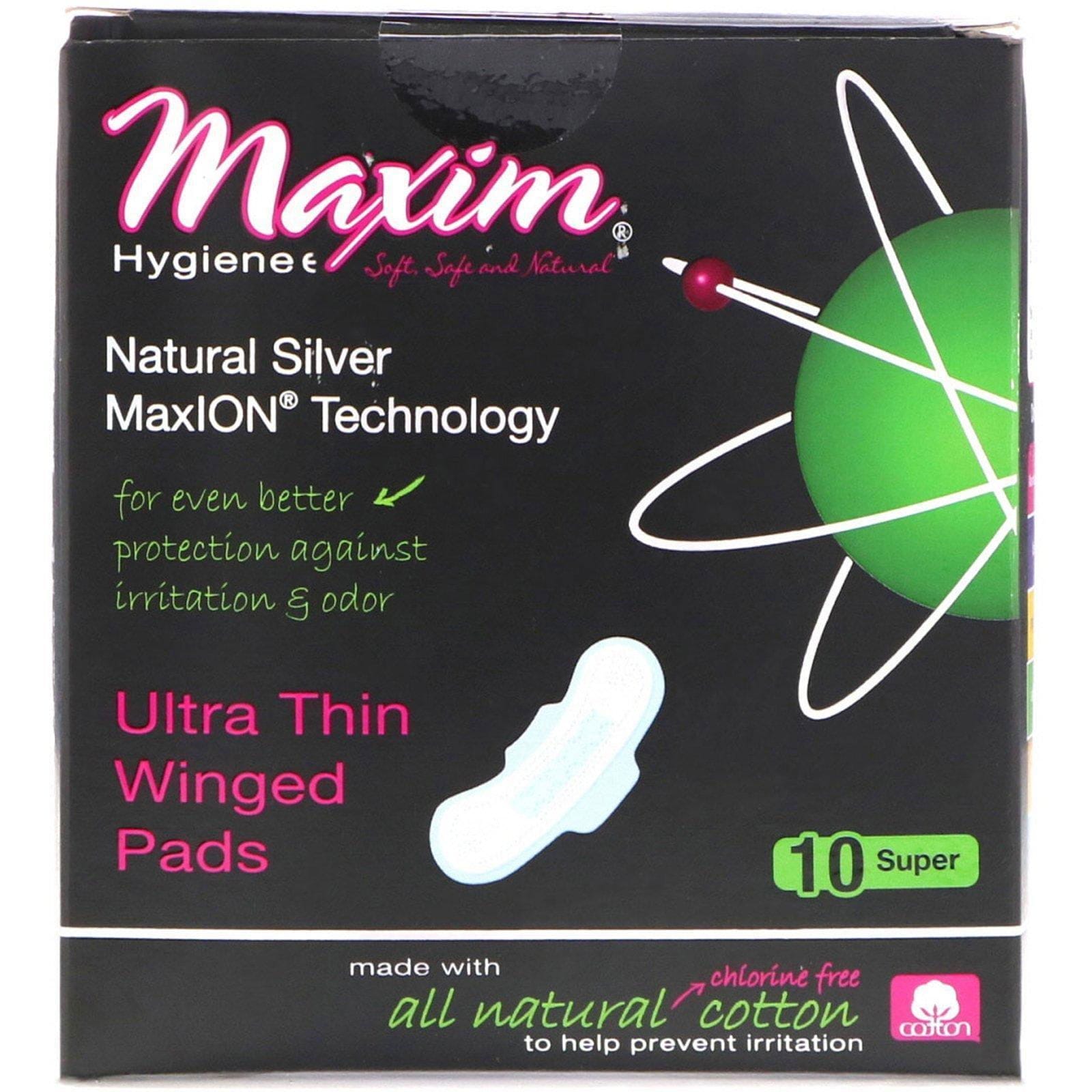 Maxim Hygiene Products, Toallitas ultra delgadas con alas, tecnología Natural Silver MaxION, súper, 10 toallitas