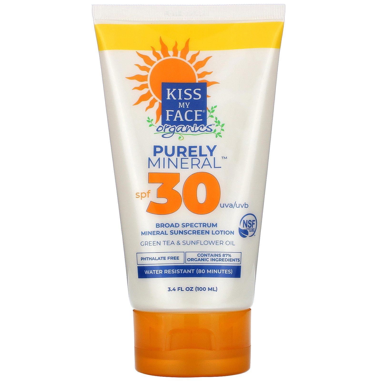 Kiss My Face, Organics, Purely Mineral, Broad Spectrum Mineral Sunscreen Lotion, SPF 30, 3.4 fl oz (100 ml)