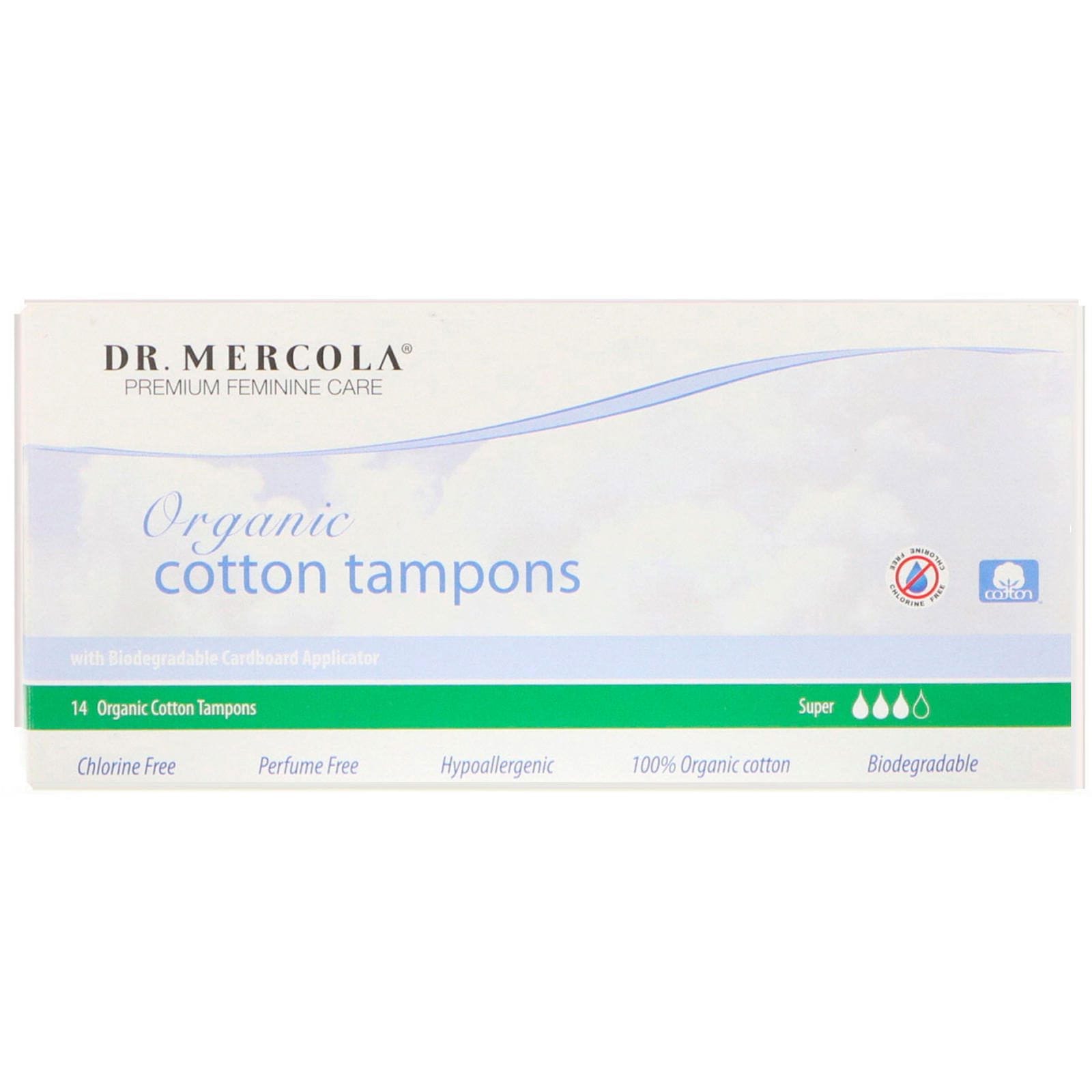 Dr. Mercola, Tampones de algodón orgánico, Super, 14 tampones