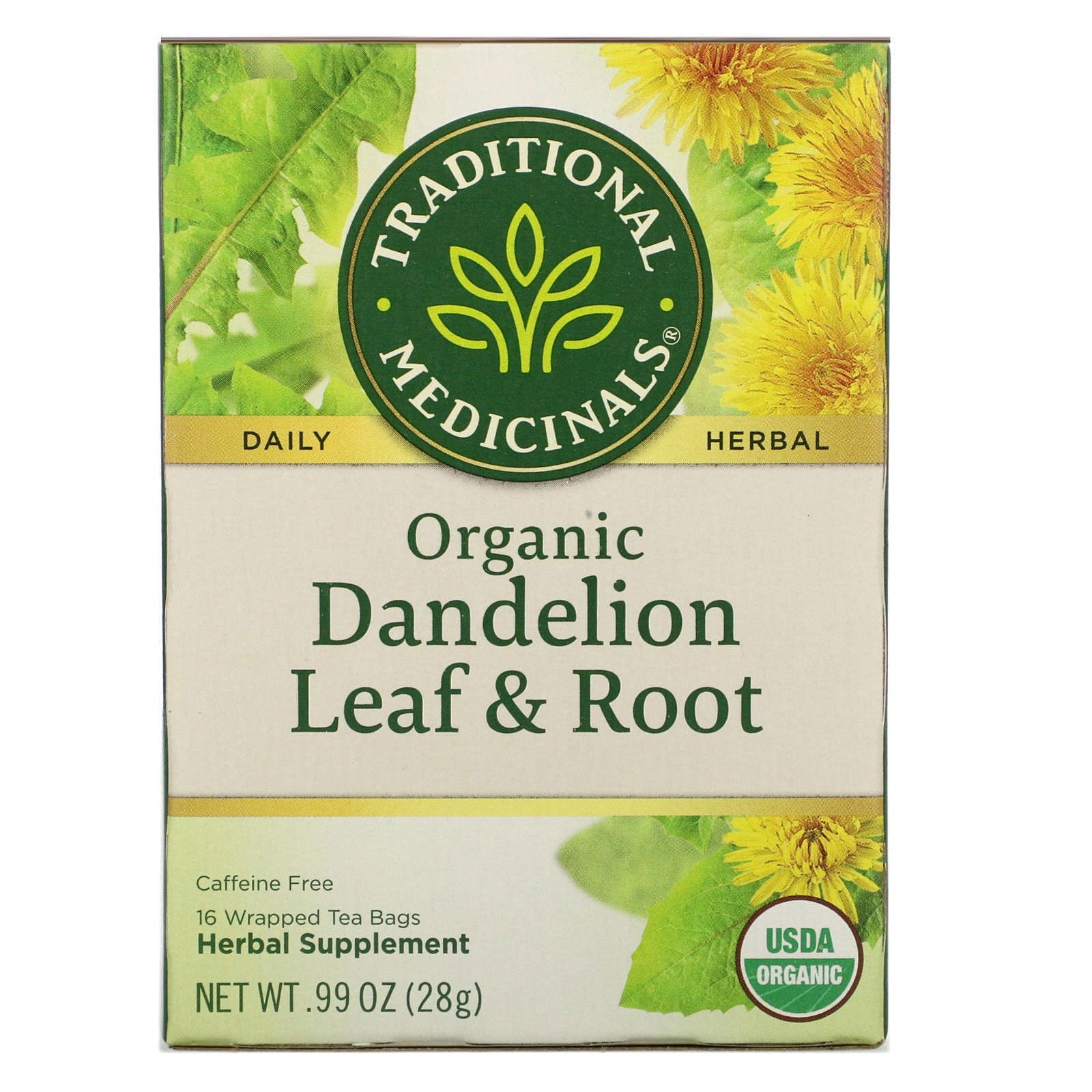 Traditional Medicinals, Té orgánico de hoja y raíz de diente de león, sin cafeína, 16 bolsas de té envueltas, 0,99 oz (28 g)