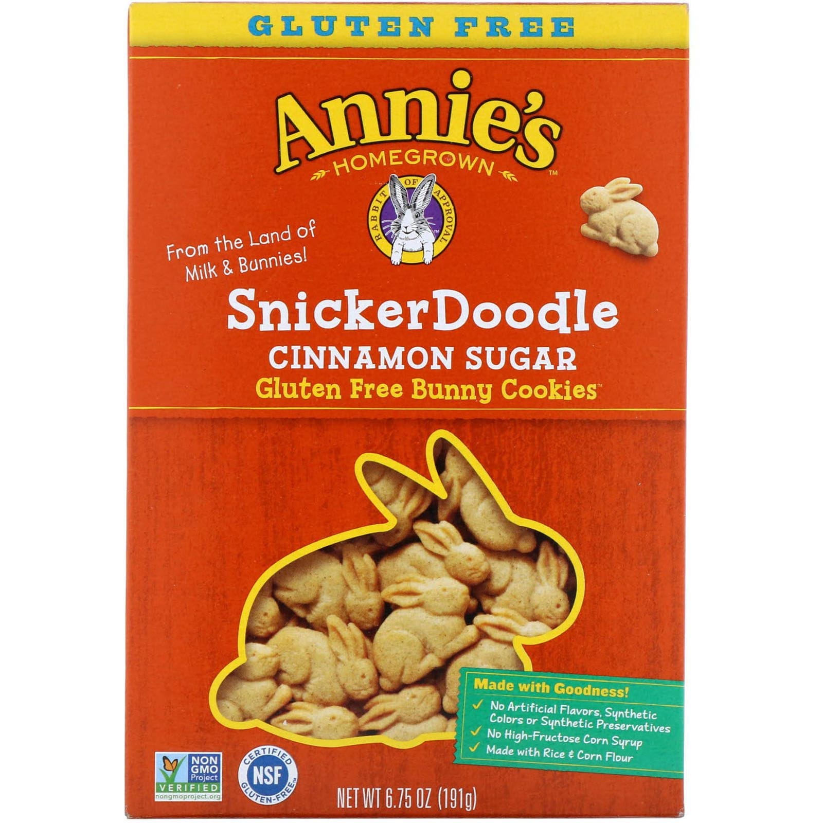 Annie's Homegrown, Galletas en forma de Conejo libres de gluten, SnickerDoodle, Canela y Azucar, 6.75 oz (191 g)