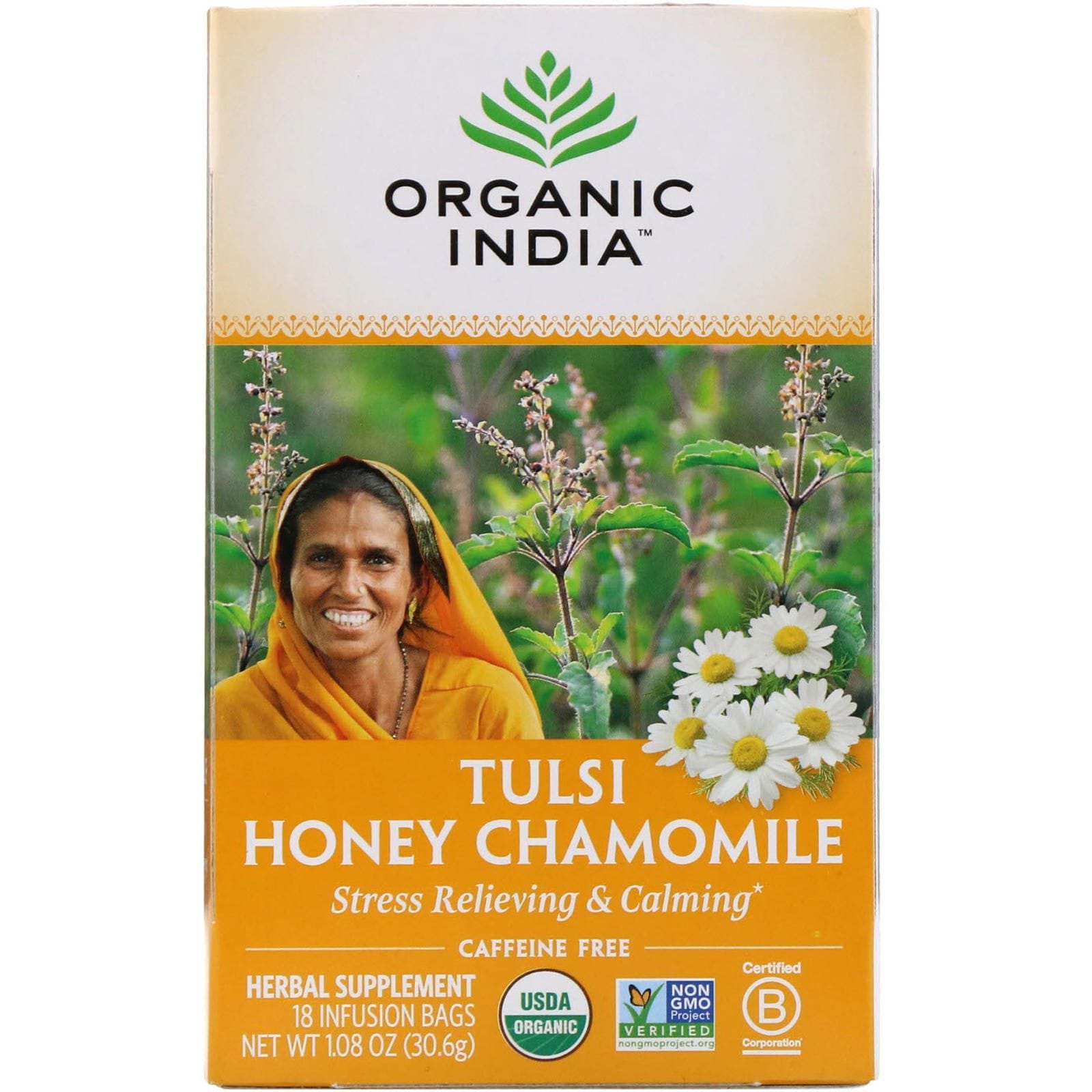 Organic India, Té tulsí, miel y manzanilla, sin cafeína, 18 saquitos para infusión, 30,6 g (1,08 oz)