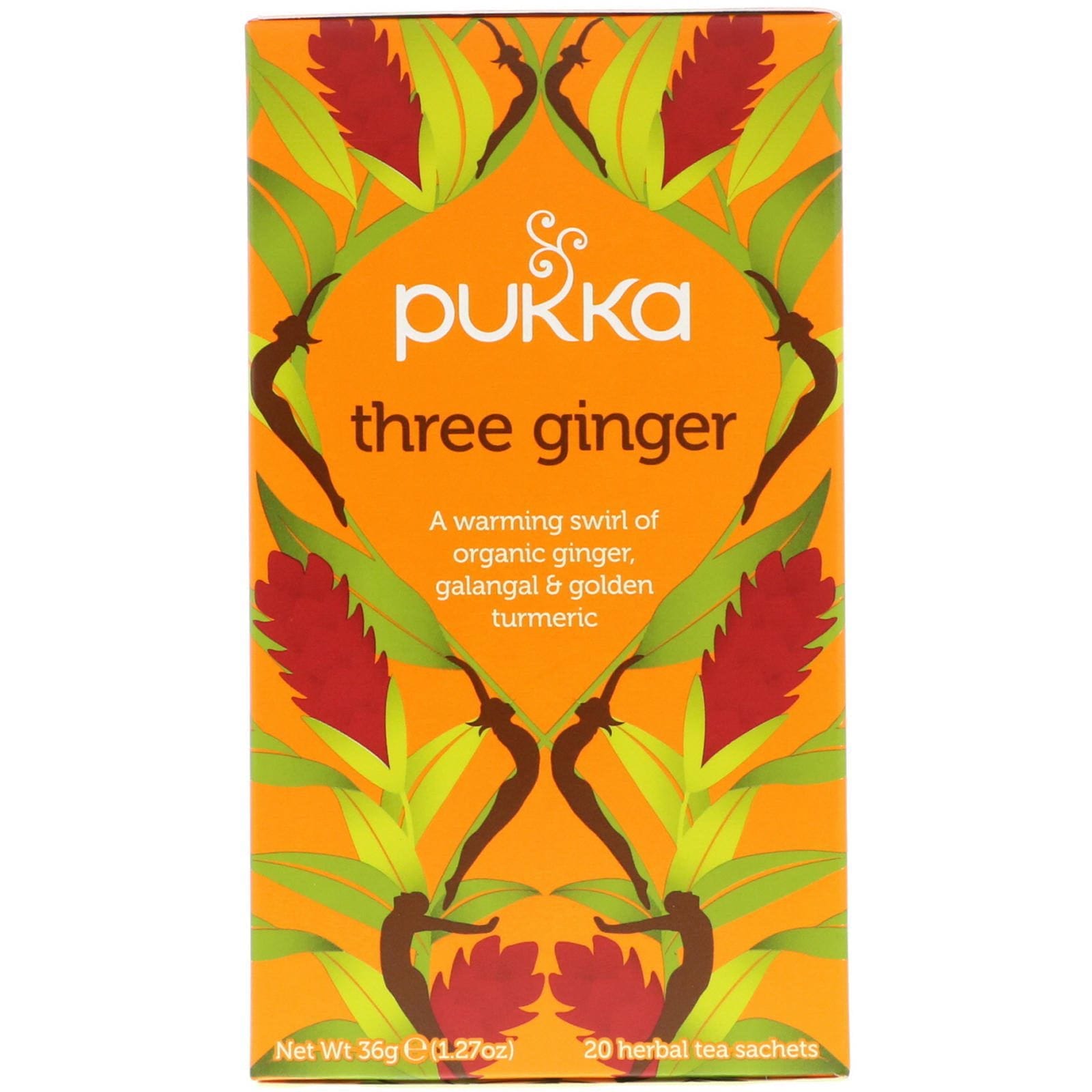 Pukka Herbs, Té herbal de tres hierbas de jengibre, sin cafeína, 20 bolsitas de té, 1.27 oz (36 g)