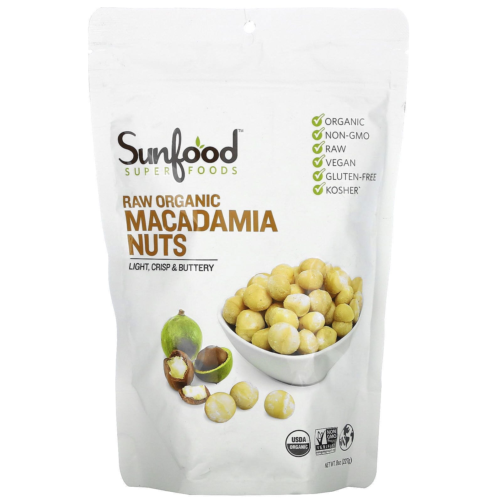 Sunfood, Nueces de Macadamia Orgánica Cruda, 227 g (22 oz)