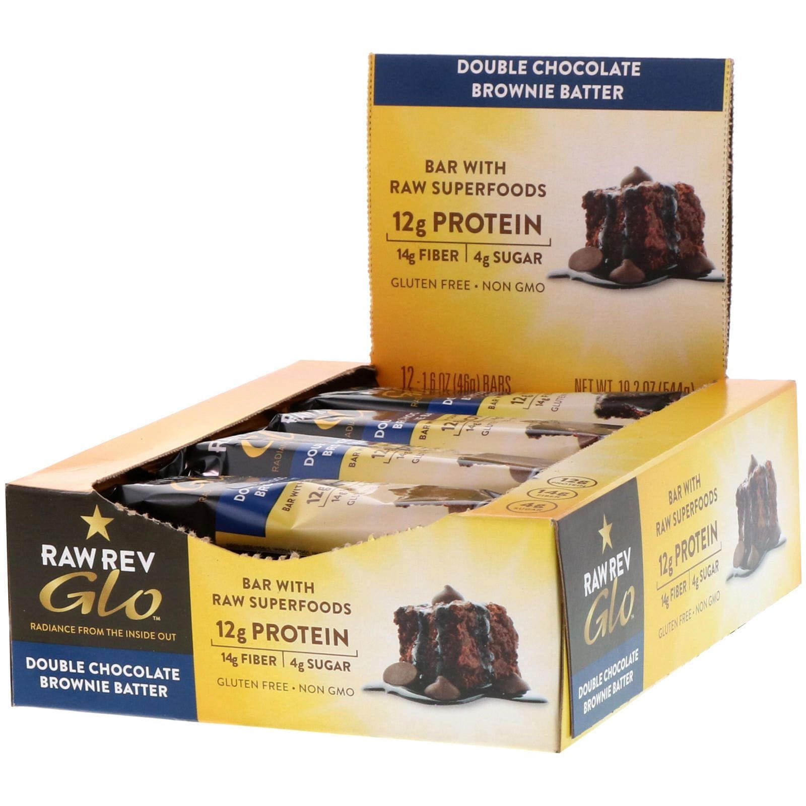 Raw Rev, Glo, masa de brownie de chocolate doble, 12 barras, 1.6 oz (46 g) c/u