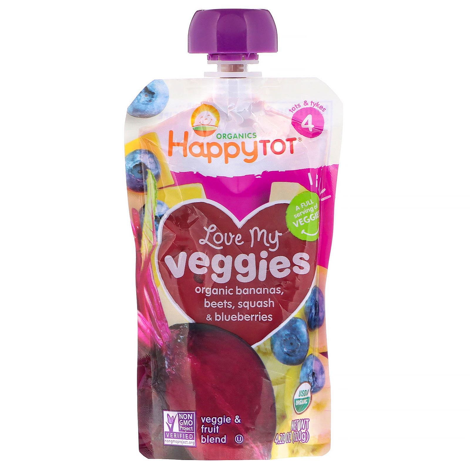 Happy Family Organics, Happy Tot orgánicos, vegetales deliciosos, bananas, remolacha, calabaza y arándanos orgánicos, 120 g (4,22 oz)