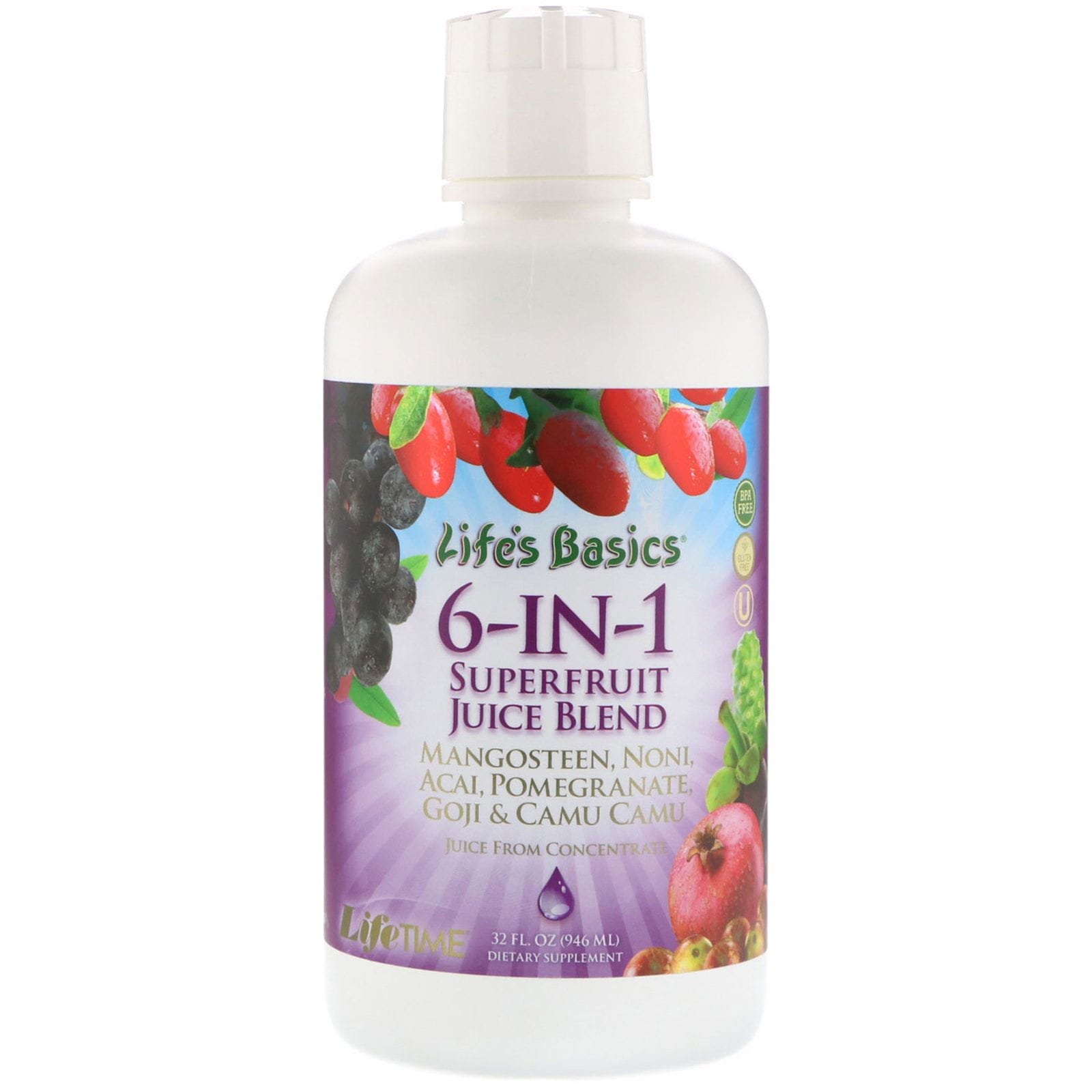 LifeTime Vitamins, Mezcla de jugo de super frutas 6 en 1 de Life's Basics, 32 fl oz (946 ml)