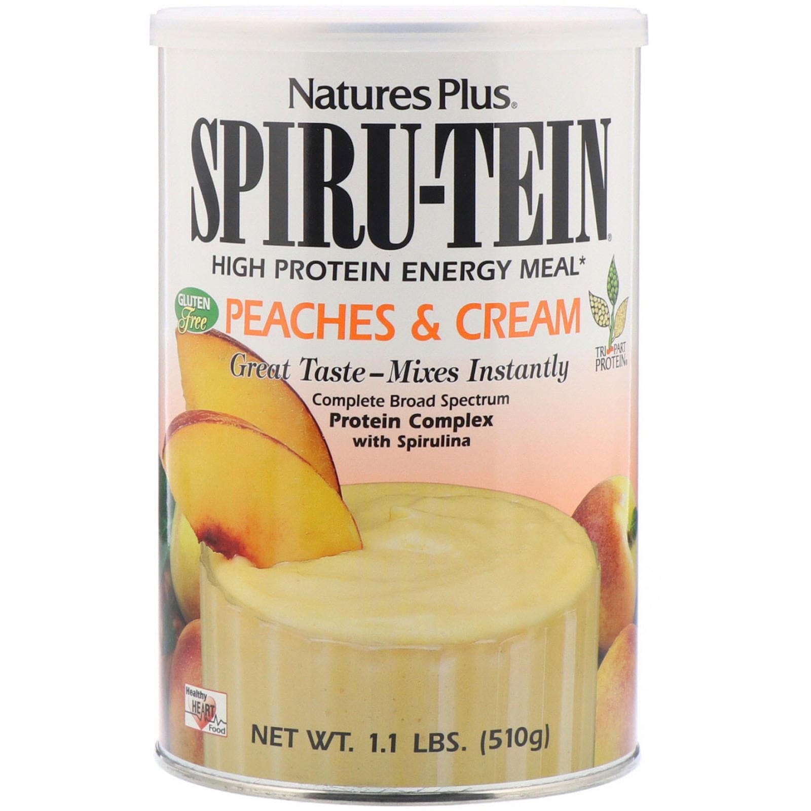 Nature's Plus, Spiru-Tein, alimento energético con alto contenido protéico, duraznos y crema, 1,1 lbs (510 g)