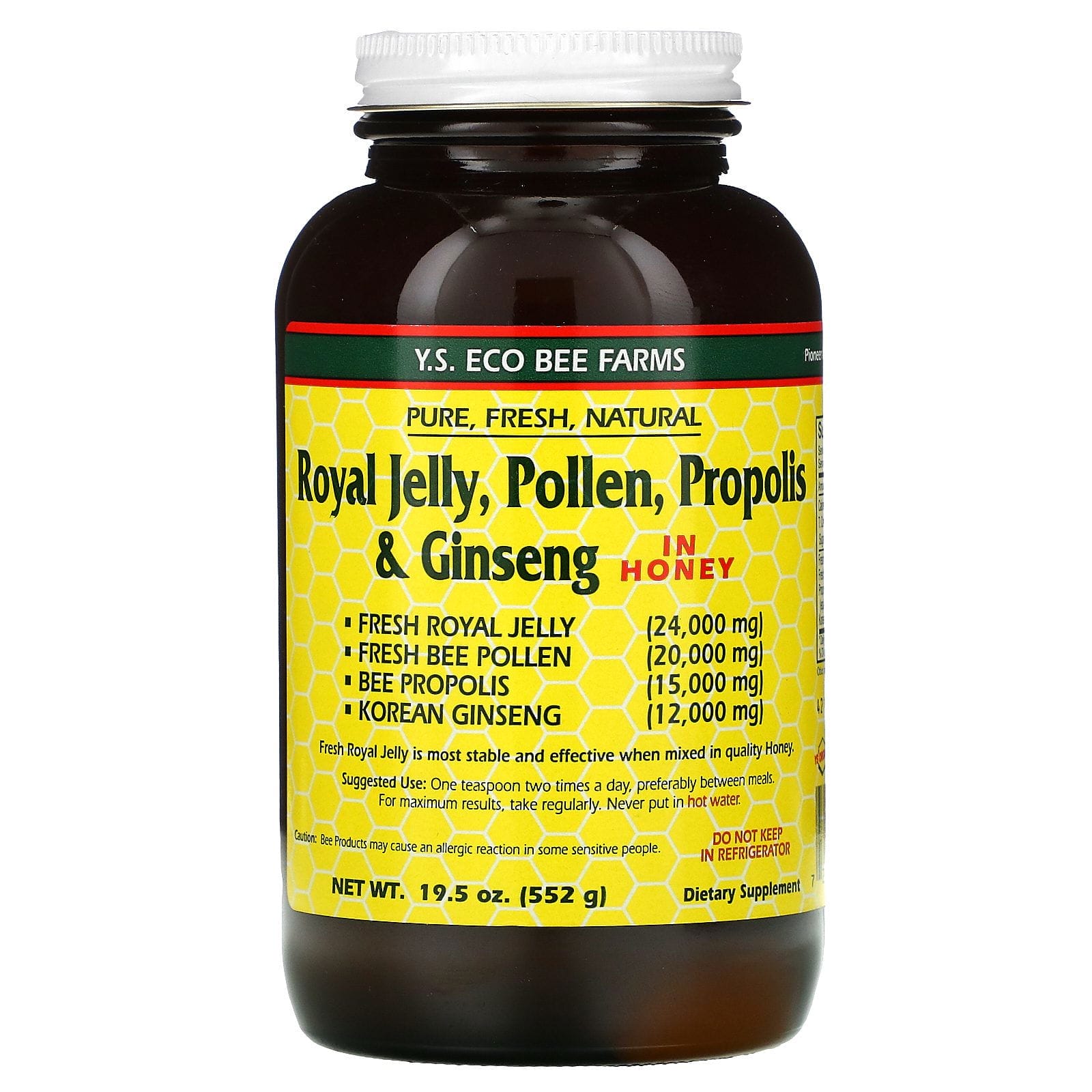 Y.S. Eco Bee Farms, Jalea real, polen, propóleo y ginseng, en miel, 552 g (19,5 oz)