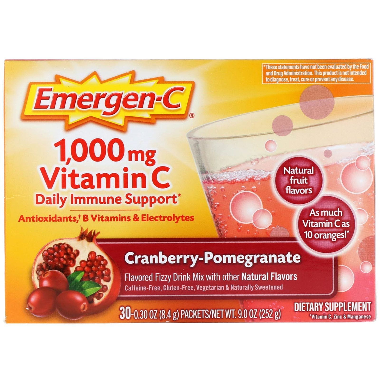 Emergen-C, Emergen-C, 1000 mg de Vitamina C, Arándanos Rojos-Granada, 30 Paquetes, 8.4 g c/u