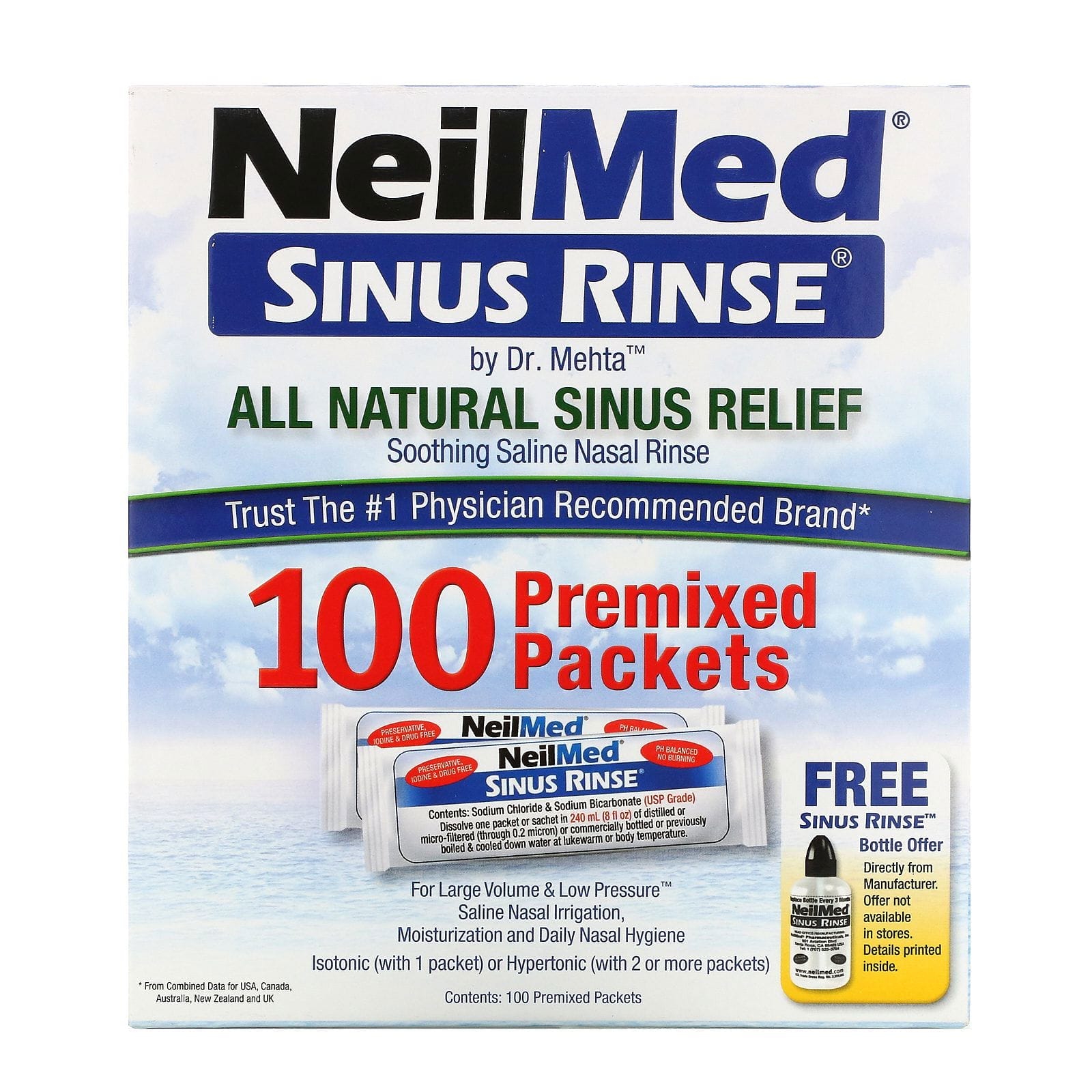 NeilMed, Sinus Rinse, Producto para el alivio natural de los senos nasales, 100 paquetes premezclados
