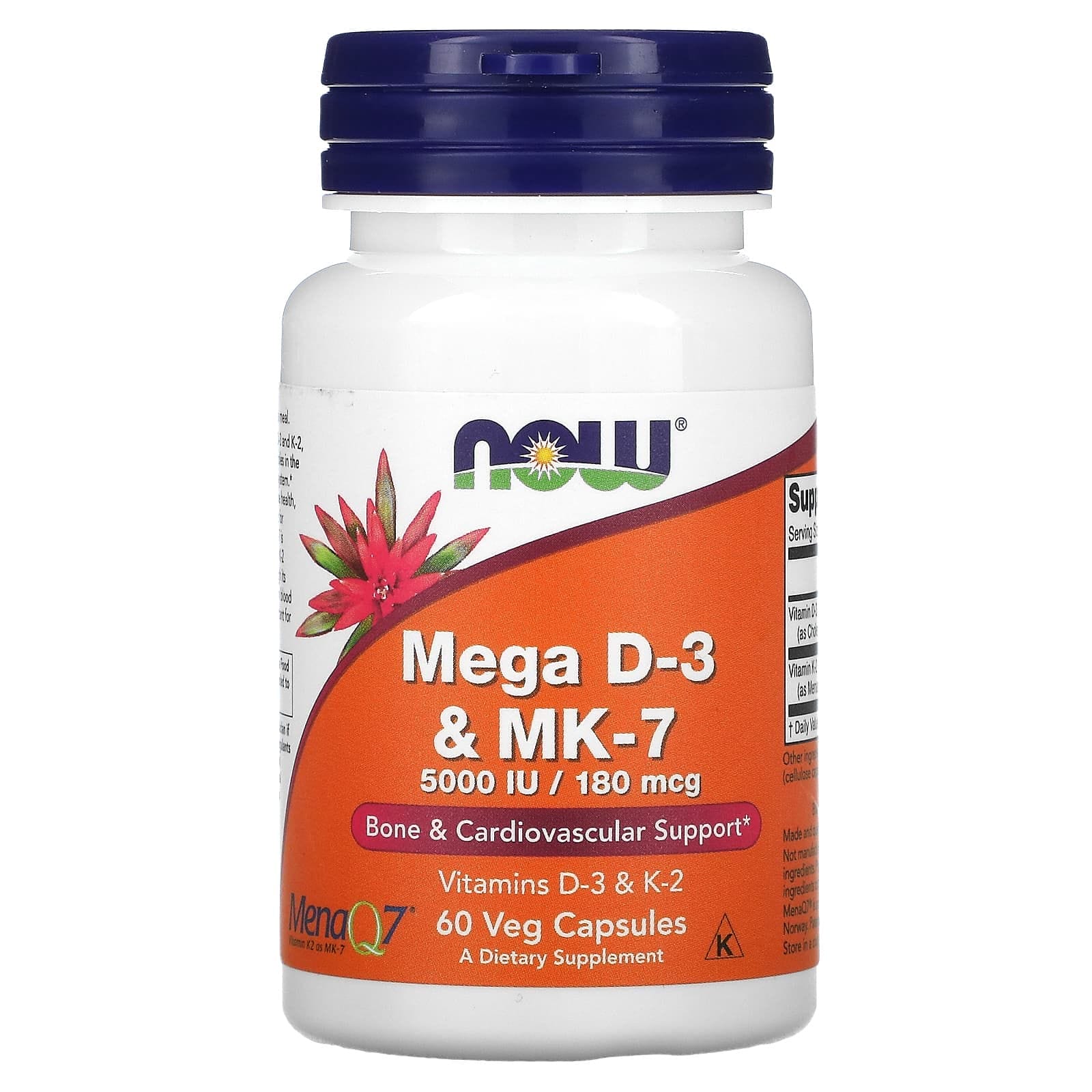 NOW Foods, Megavitamina D3 y MK-7, 180 mcg, (5000 UI), 60 cápsulas vegetales