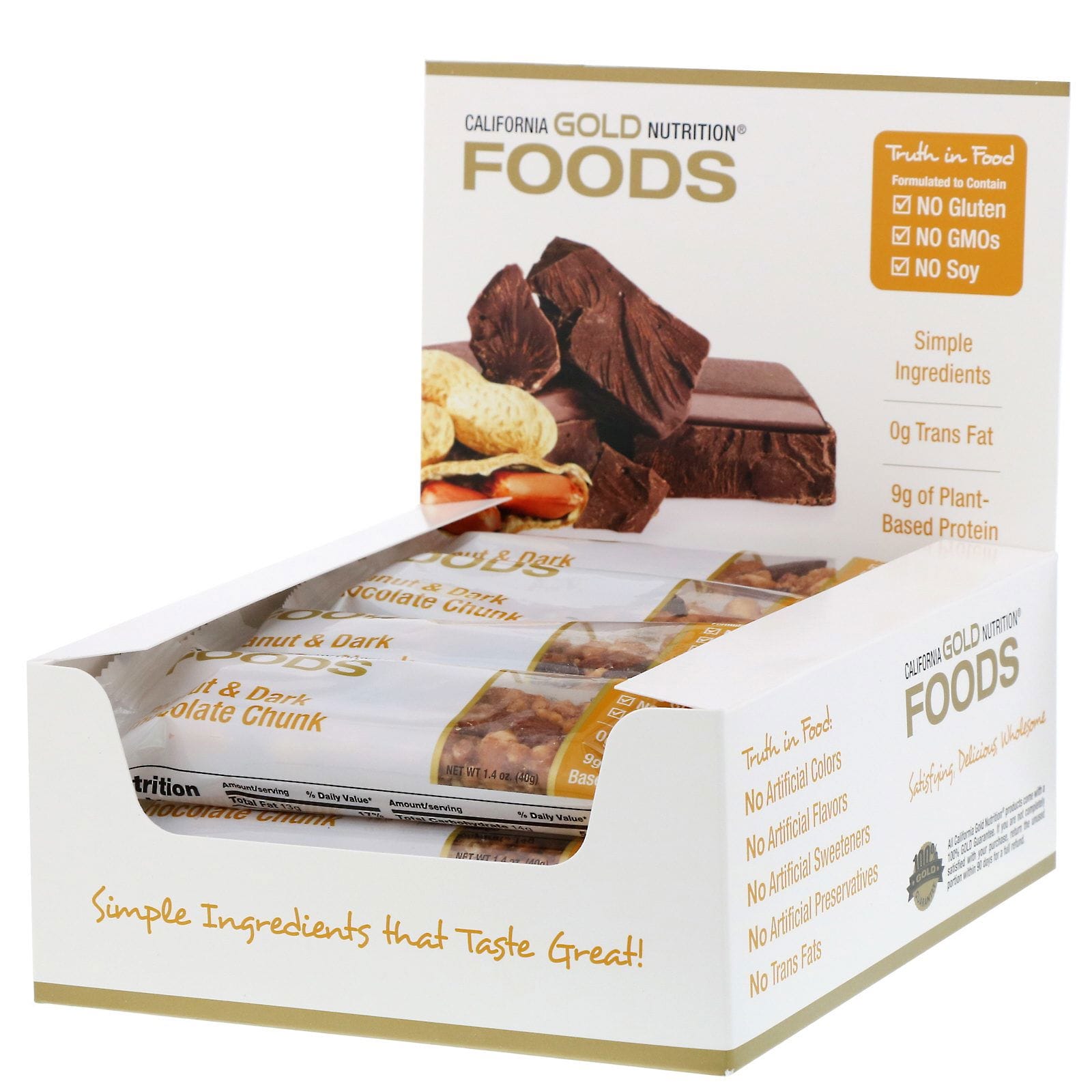 California Gold Nutrition, Foods, Barritas de maní con trozos de chocolate amargo, 12 Barritas, 40 g (1,4 oz) cada una