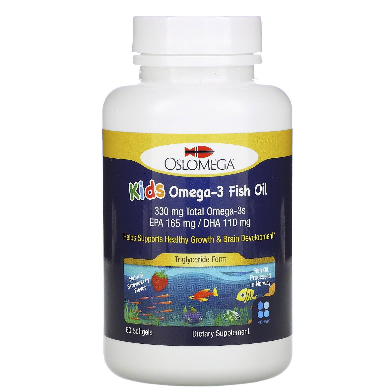 Oslomega, Aceite de pescado noruego con omega-3 para niños, Sabor natural a fresa, 60 cápsulas blandas de gelatina de pescado