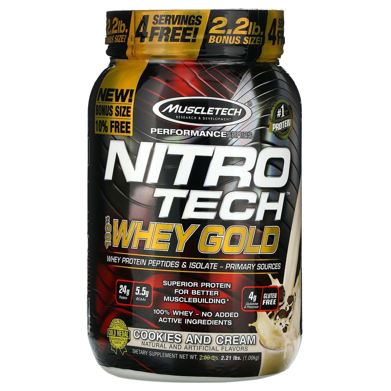 Muscletech, Nitro Tech, 100 % de suero dorado, galletas y cremas, 2,20 lbs (999 g)