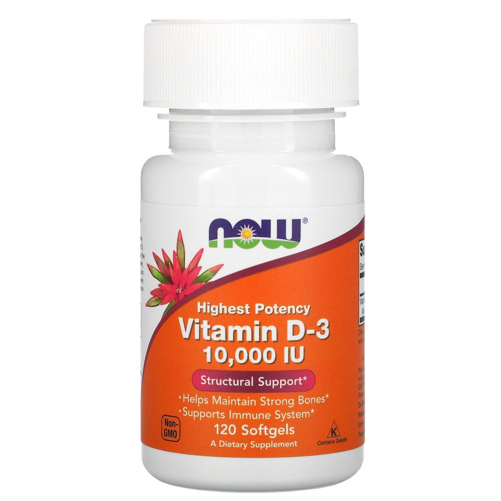 Now Foods, Vitamina D3 de la más alta potencia, 10.000 UI, 120 cápsulas blandas