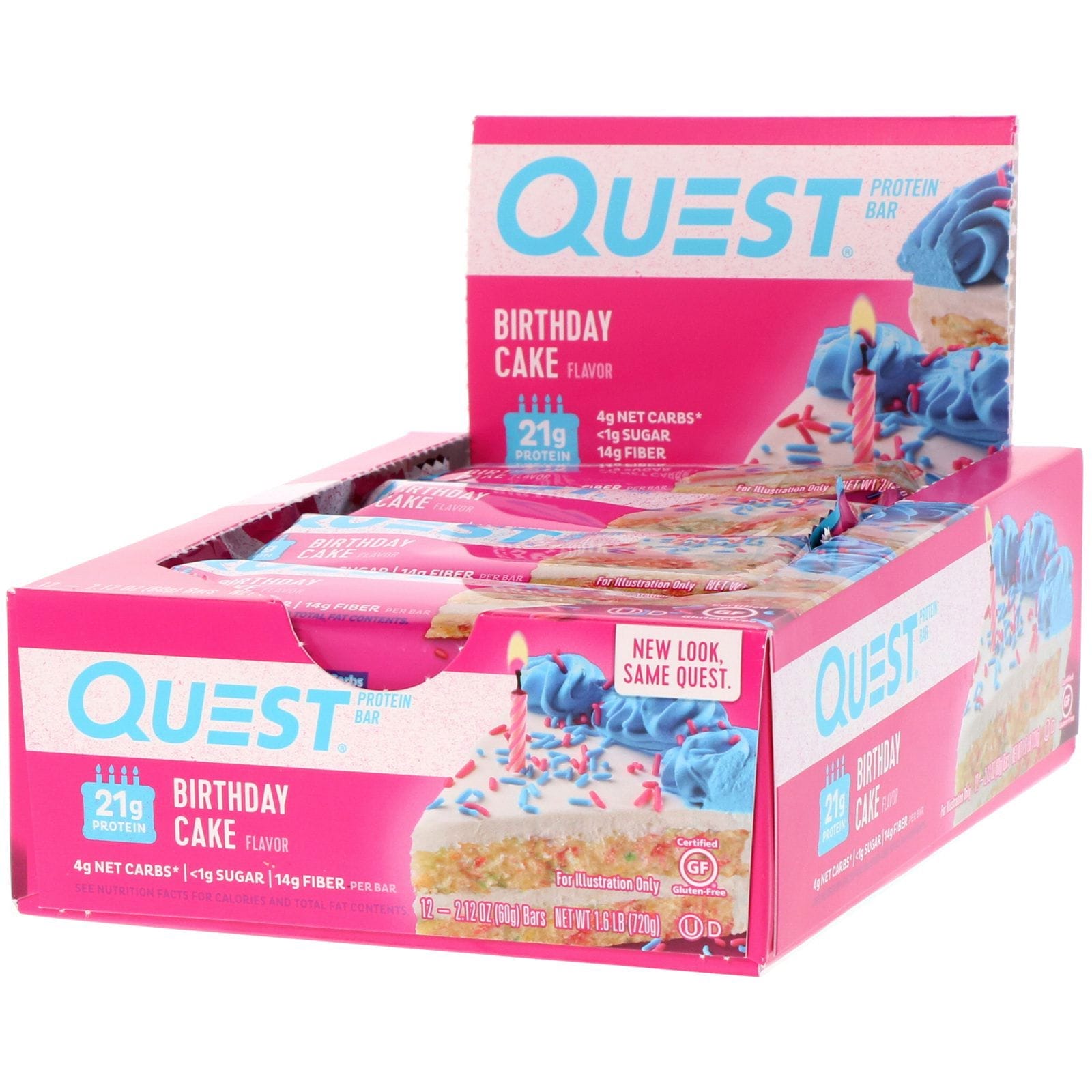 Quest Nutrition, Barra proteica Quest, sabor a pastel de cumpleaños, paquete de 12 unidades, 2,12 oz (60 g) cada una